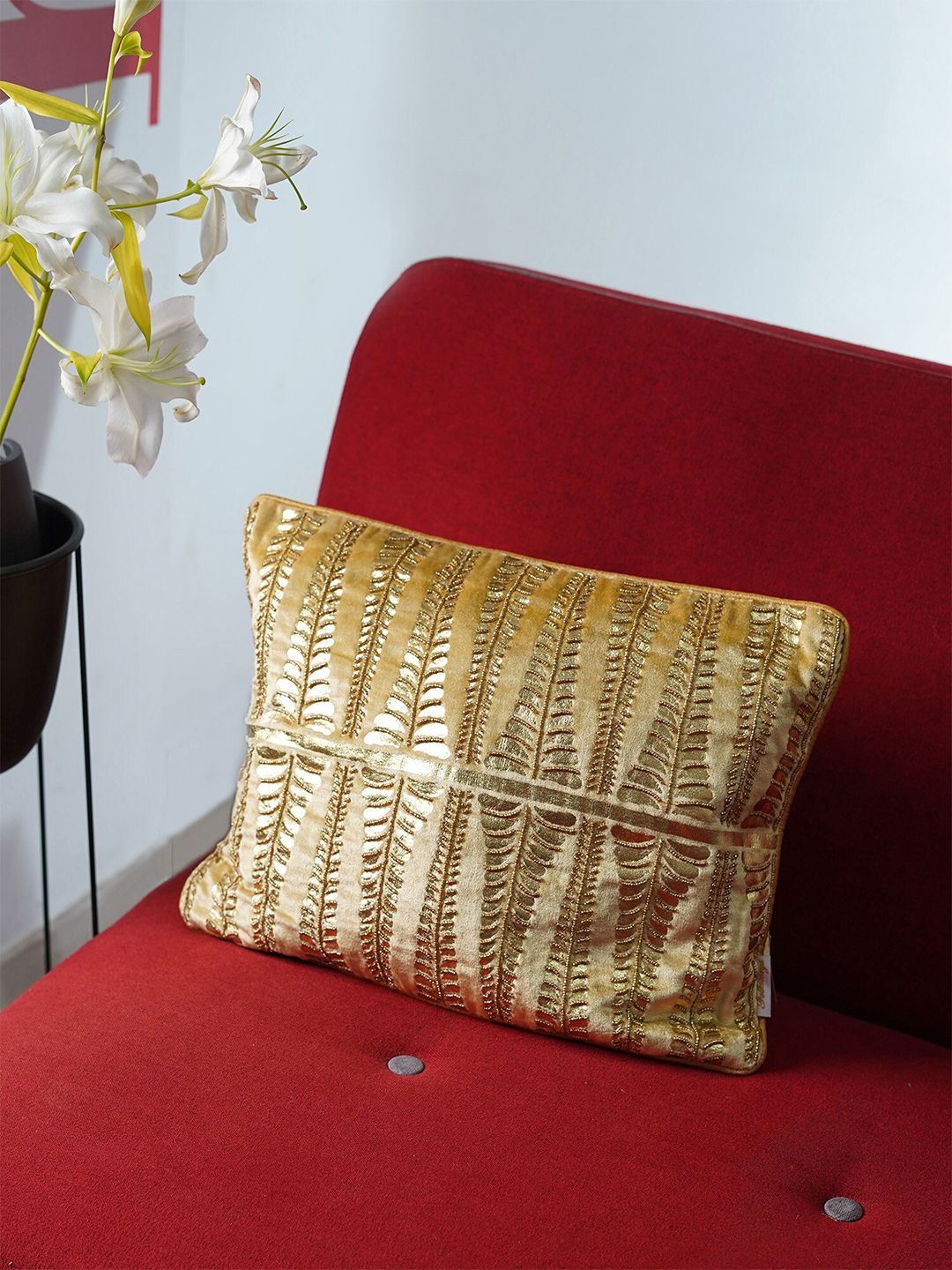 Folkstorys Gold-Toned Ethnic Motifs Velvet Rectangle Cushion Covers Price in India