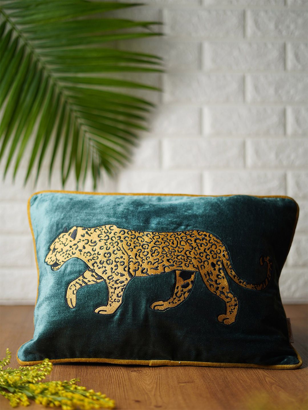 Folkstorys Green & Gold-Toned Embroidered Velvet Rectangle Cushion Covers Price in India