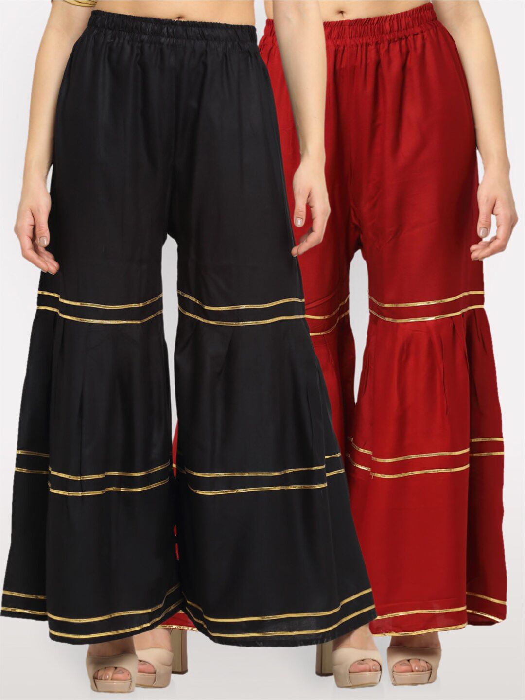 NEUDIS Pack Of 2 Women Black & Maroon Flared Ethnic Palazzos Price in India