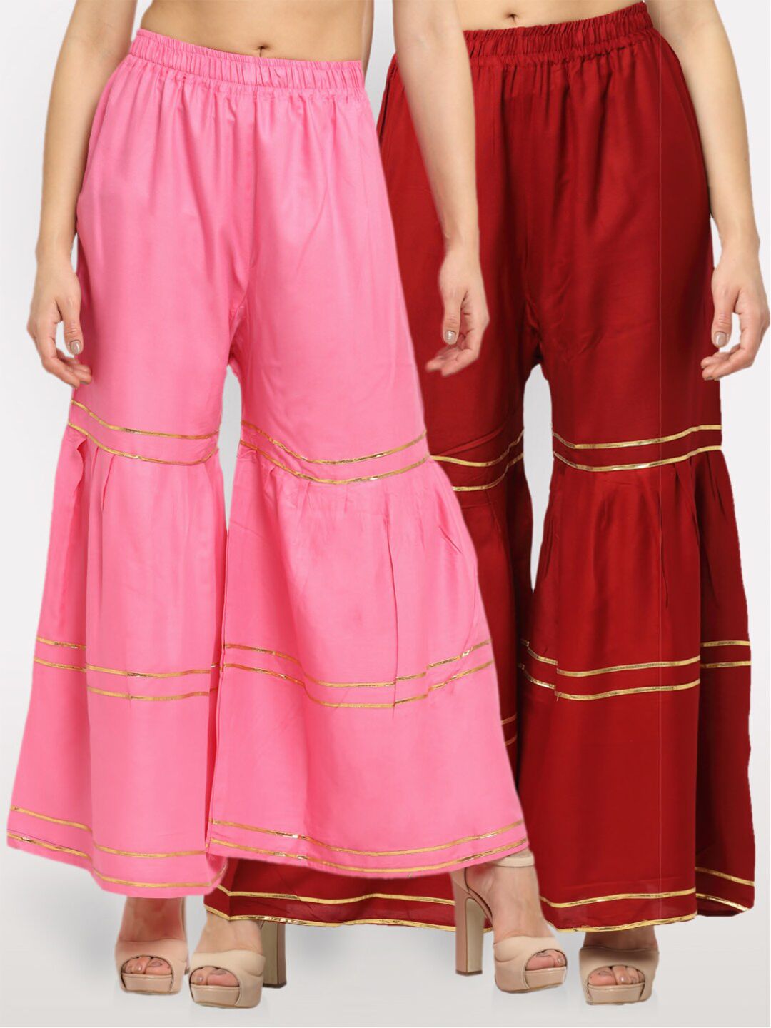 NEUDIS Women Pack Of 2 Women Pink & Red Geometric Flared Sharara Palazzos Price in India