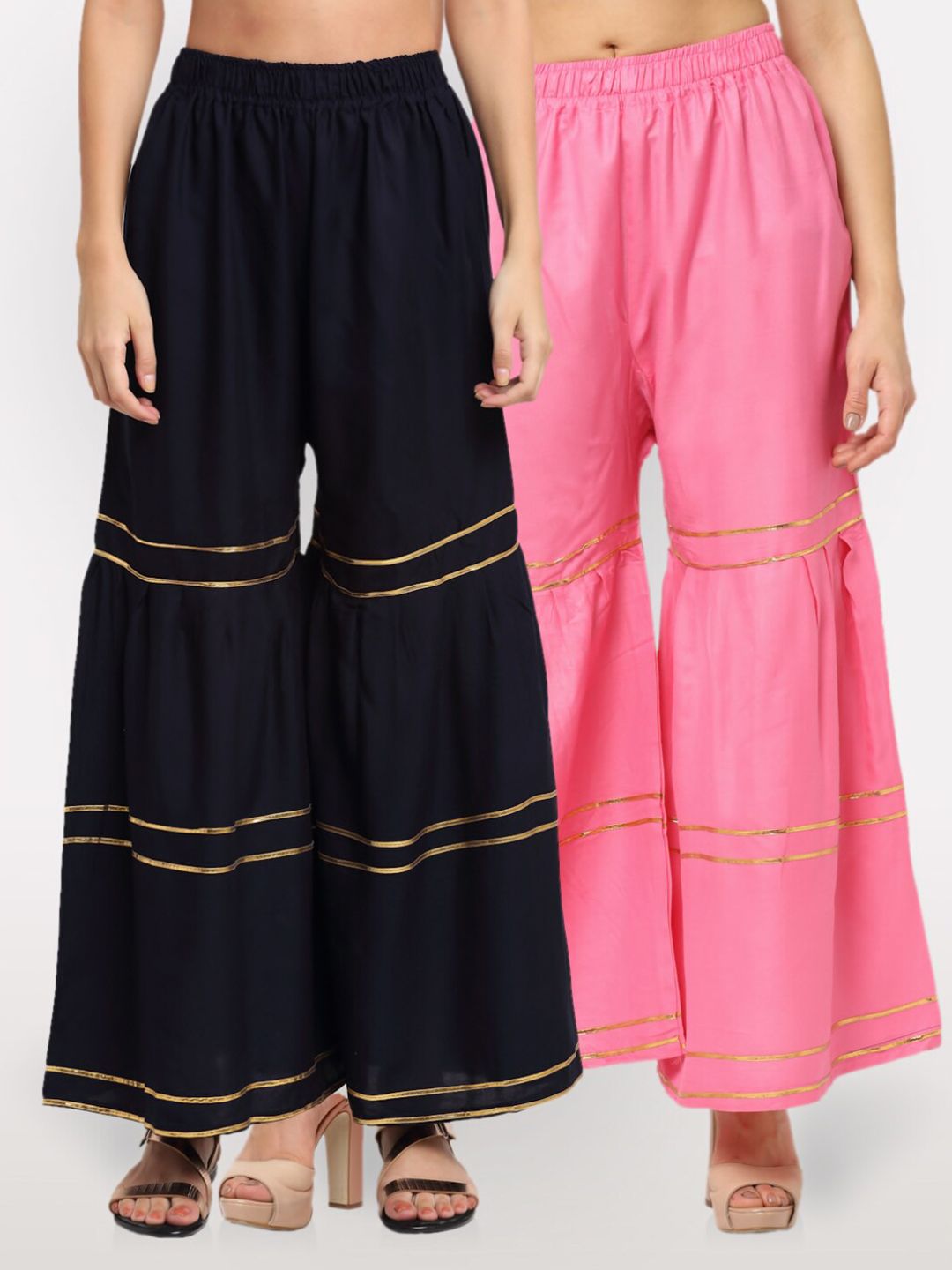 NEUDIS Women Navy Blue & Pink Pack of 2 Flared Ethnic Palazzos Price in India