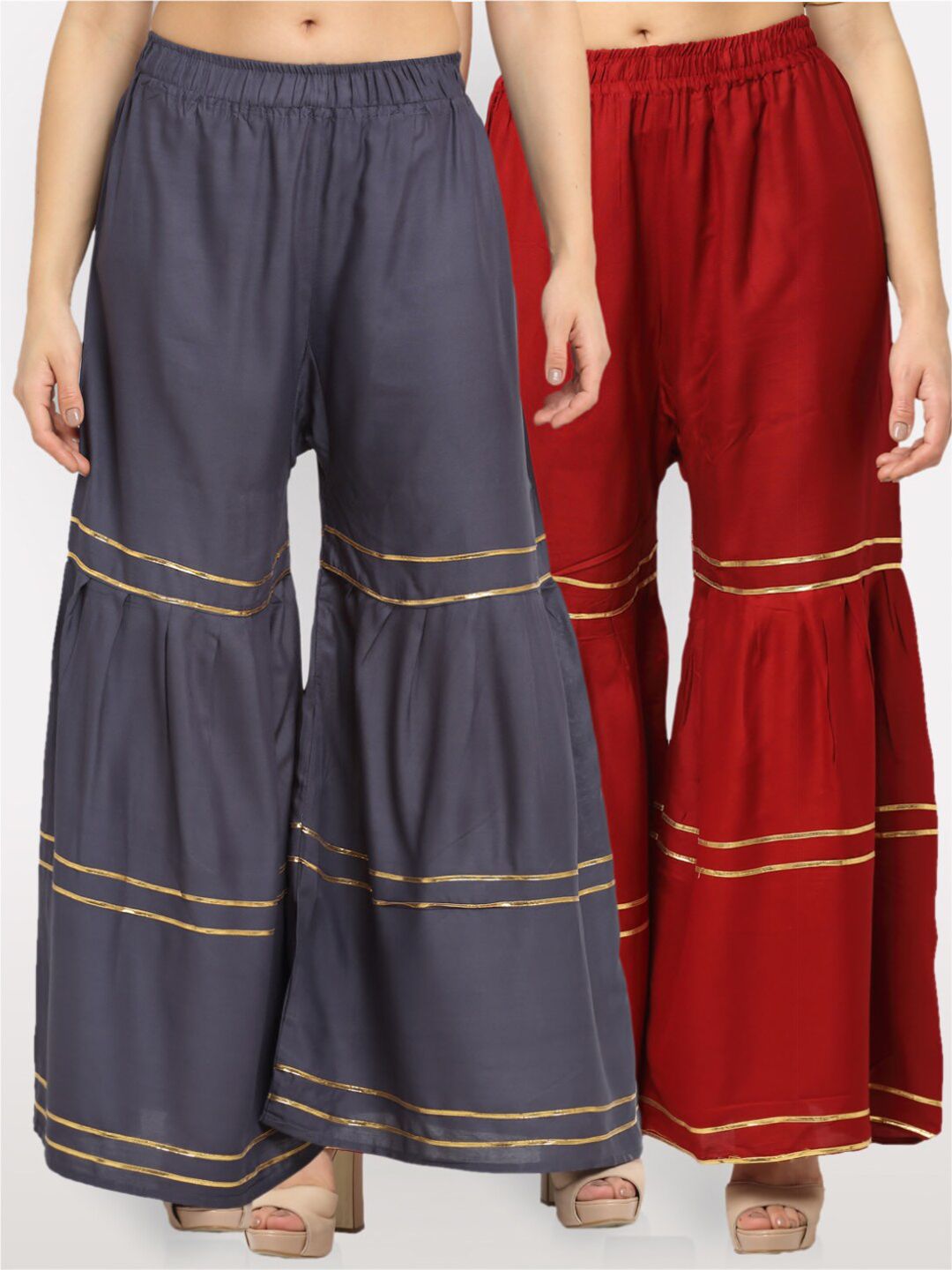 NEUDIS Pack Of 2 Women Grey & Red Flared Ethnic Palazzos Price in India