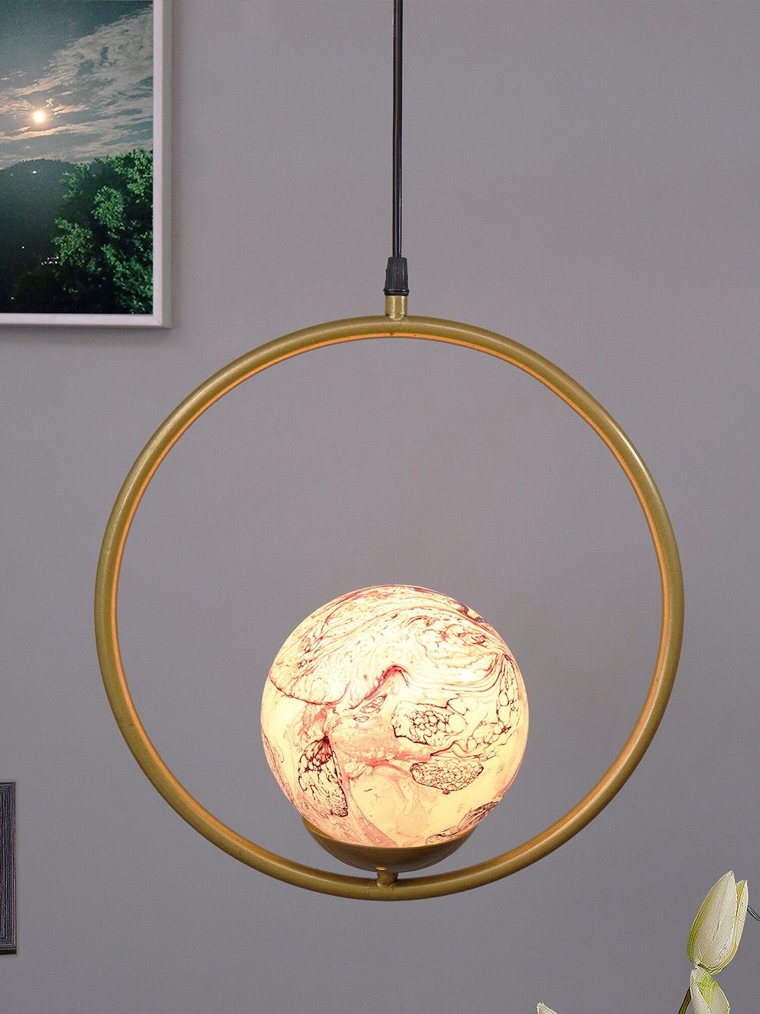 Homesake Red & Gold-Toned Round Planet Series Frosted Glass Globe Ceiling Lamp Price in India