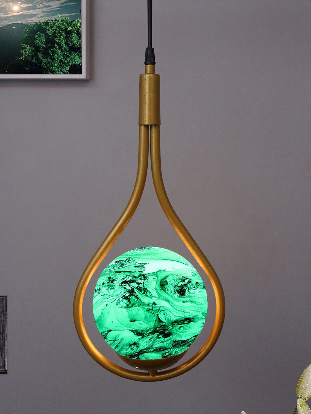 Homesake Gold-Toned & Green Water Drop Planet Series Frosted Glass Ceiling Lamp Price in India