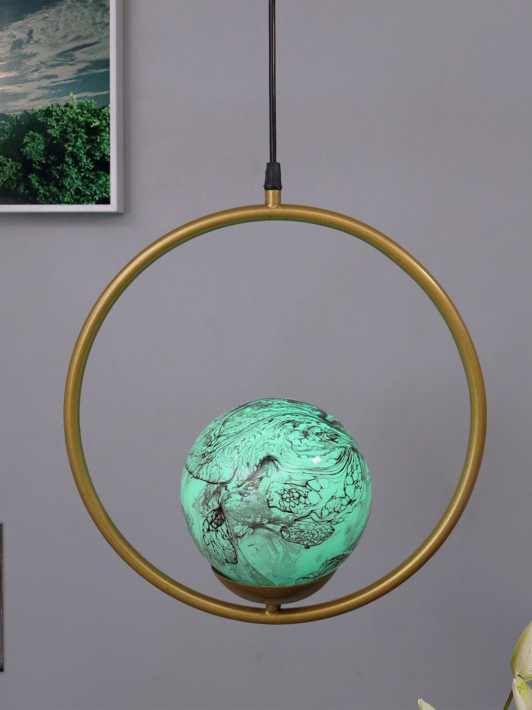 Homesake Gold-Toned & Green Round Planet Series Frosted Glass Globe Lampshade Ceiling Lamp Price in India