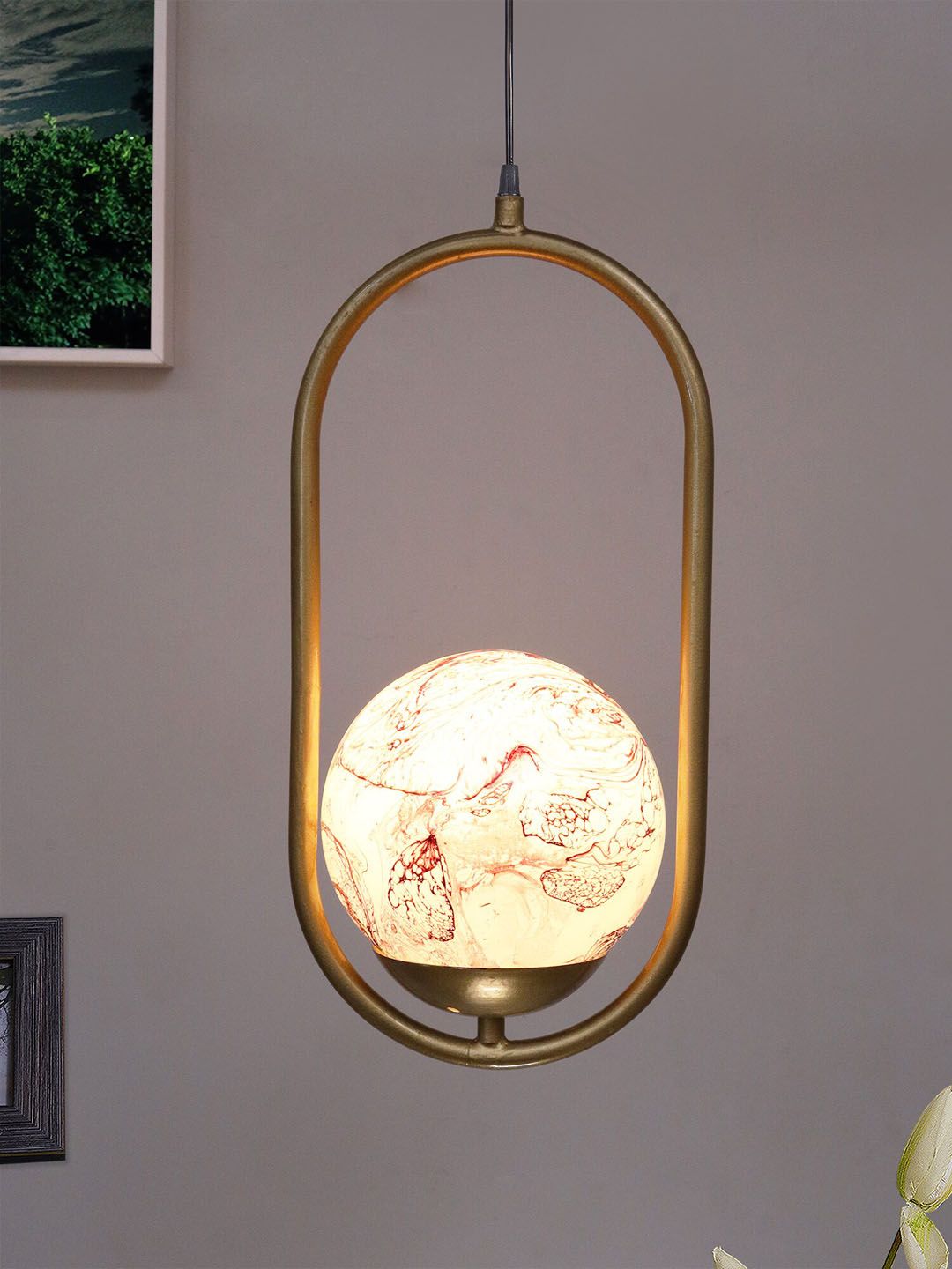 Homesake Gold-Toned & Red Oval Planet Series Frosted Glass Globe Lampshade Ceiling Lamp Price in India