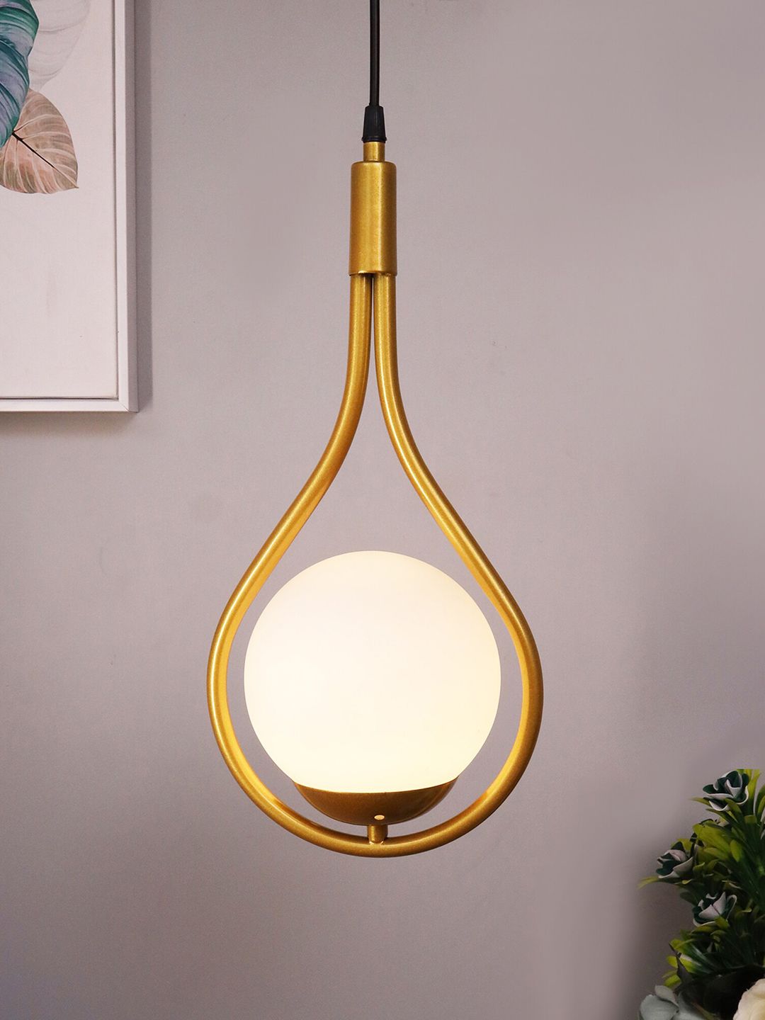 Homesake Gold-Toned & White Water Drop White Frosted Glass Globe Lampshade Ceiling Lamp Price in India