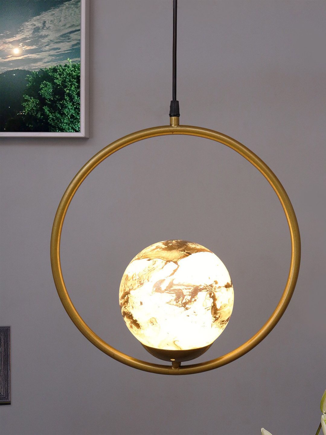 Homesake Gold-Toned & Yellow Round  Planet Series Frosted Glass Globe Ceiling Lamp Price in India