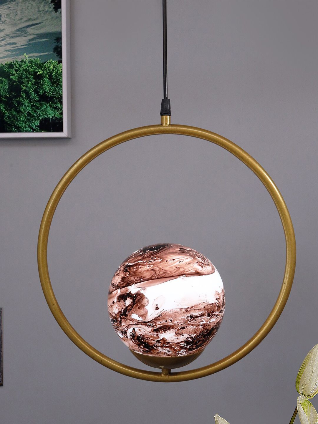 Homesake Gold-Toned & Brown Round Planet Series Frosted Glass Globe Ceiling Lamp Price in India