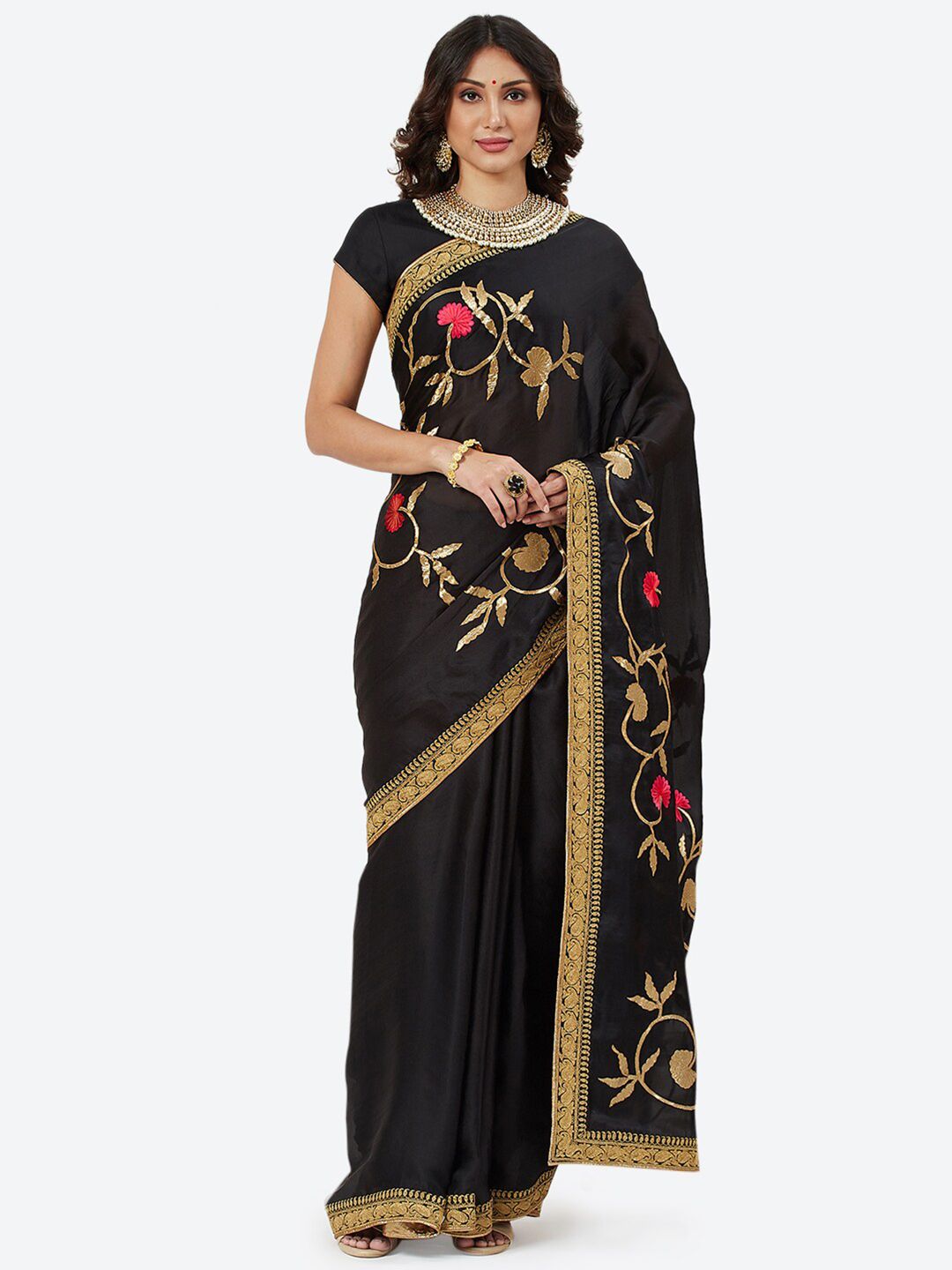 Biba by Rohit Bal Black & Gold-Toned Embellished Embroidered Silk Blend Chanderi Saree Price in India