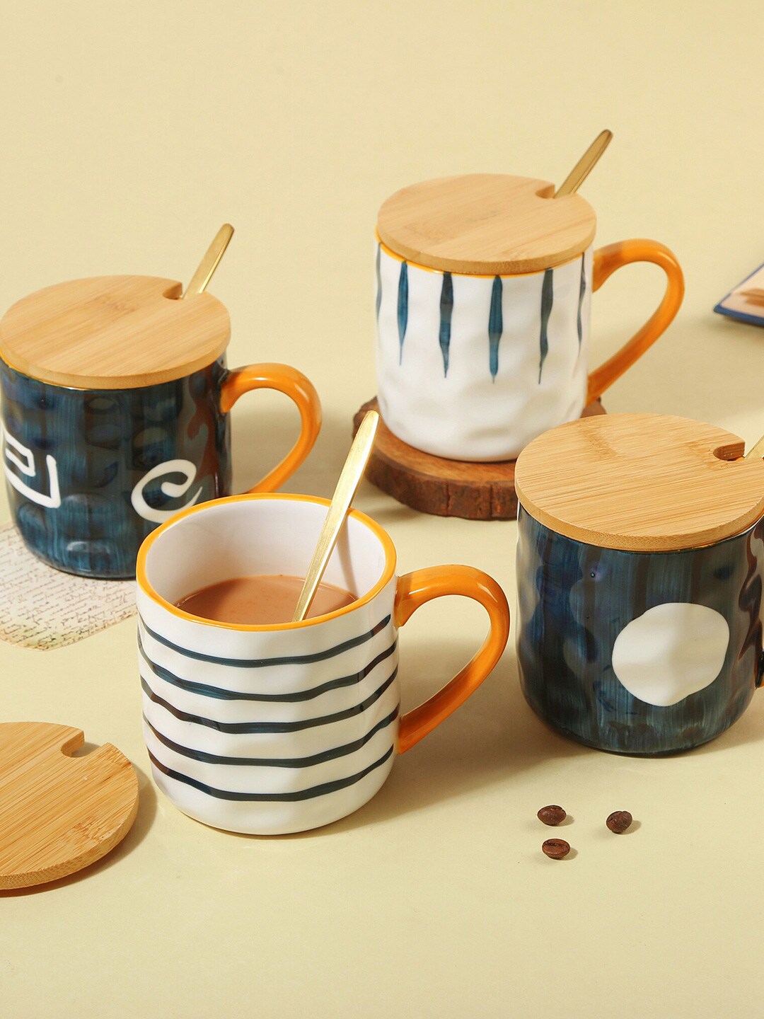 Bigsmall Set of 4 White & Navy Blue Hand Painted Printed Ceramic Glossy Cups and Mugs Price in India