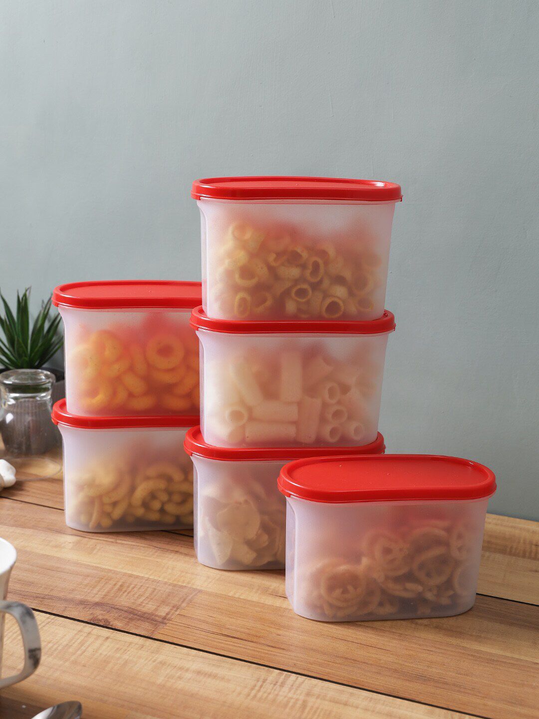 Abode Set Of 6 Transparent & Red Solid Kitchen Storage Containers Price in India