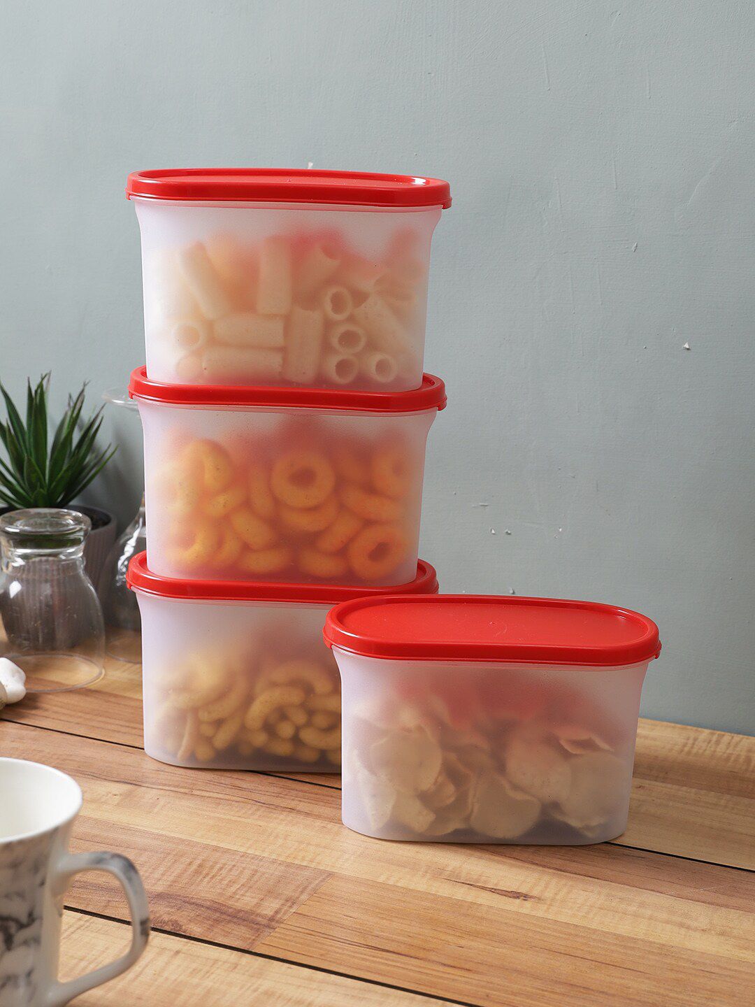 Abode Set Of 4 Transparent & Red Plastic Air Tight Food Storage Containers Set Price in India