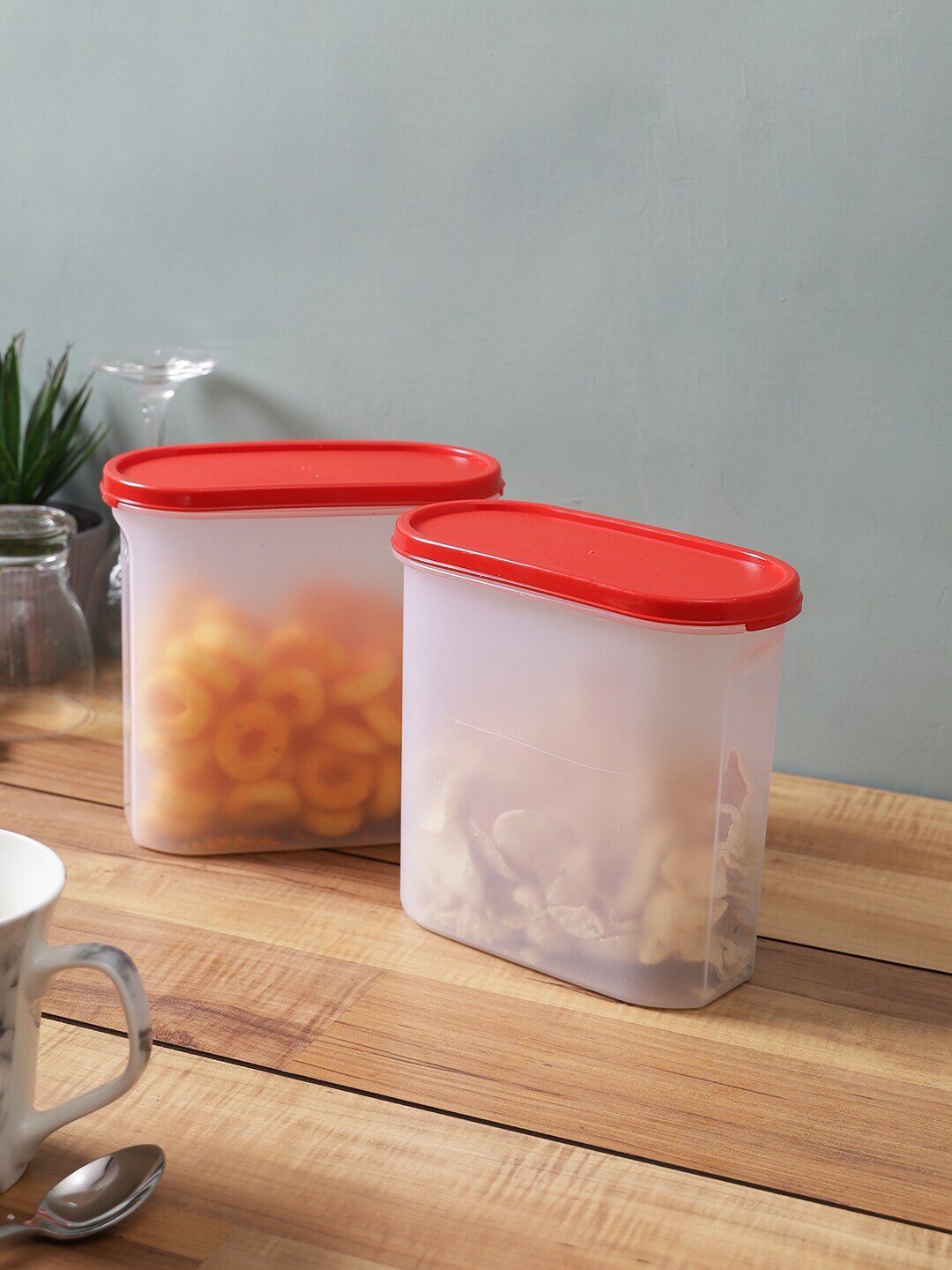Abode Set Of 2 Transparent & Red Solid Kitchen Storage Airtight Containers Price in India