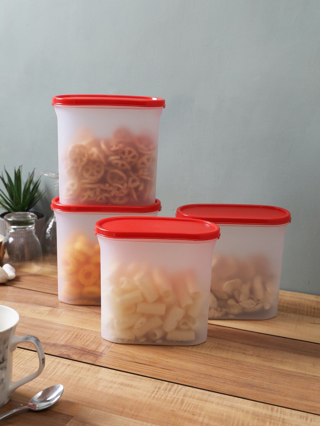 Abode Set Of 4 Transparent & Red Plastic Air Tight Food Storage Container Set Price in India