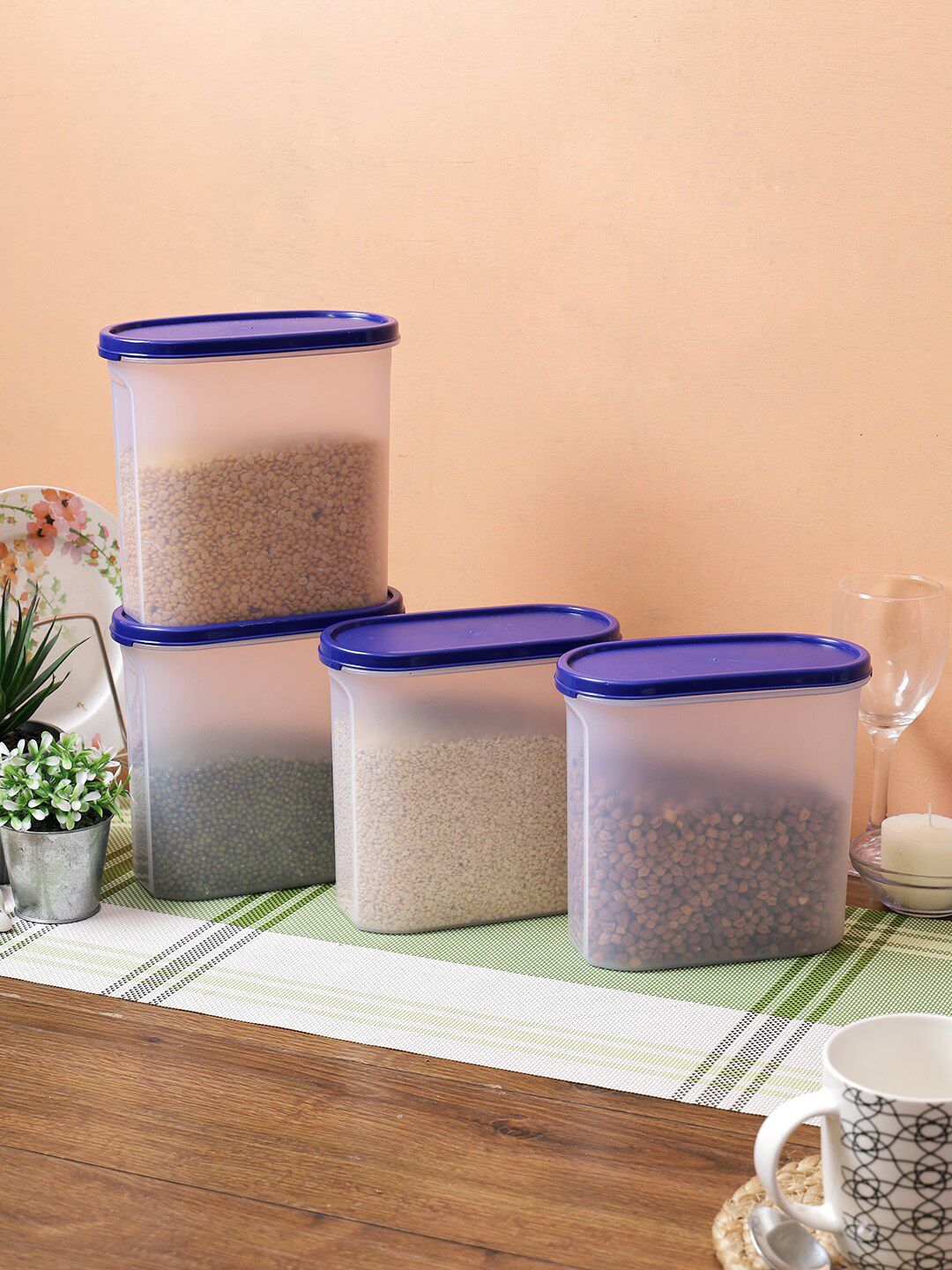 Abode Set Of 4 Transparent & Blue Solid Kitchen Storage Containers Price in India