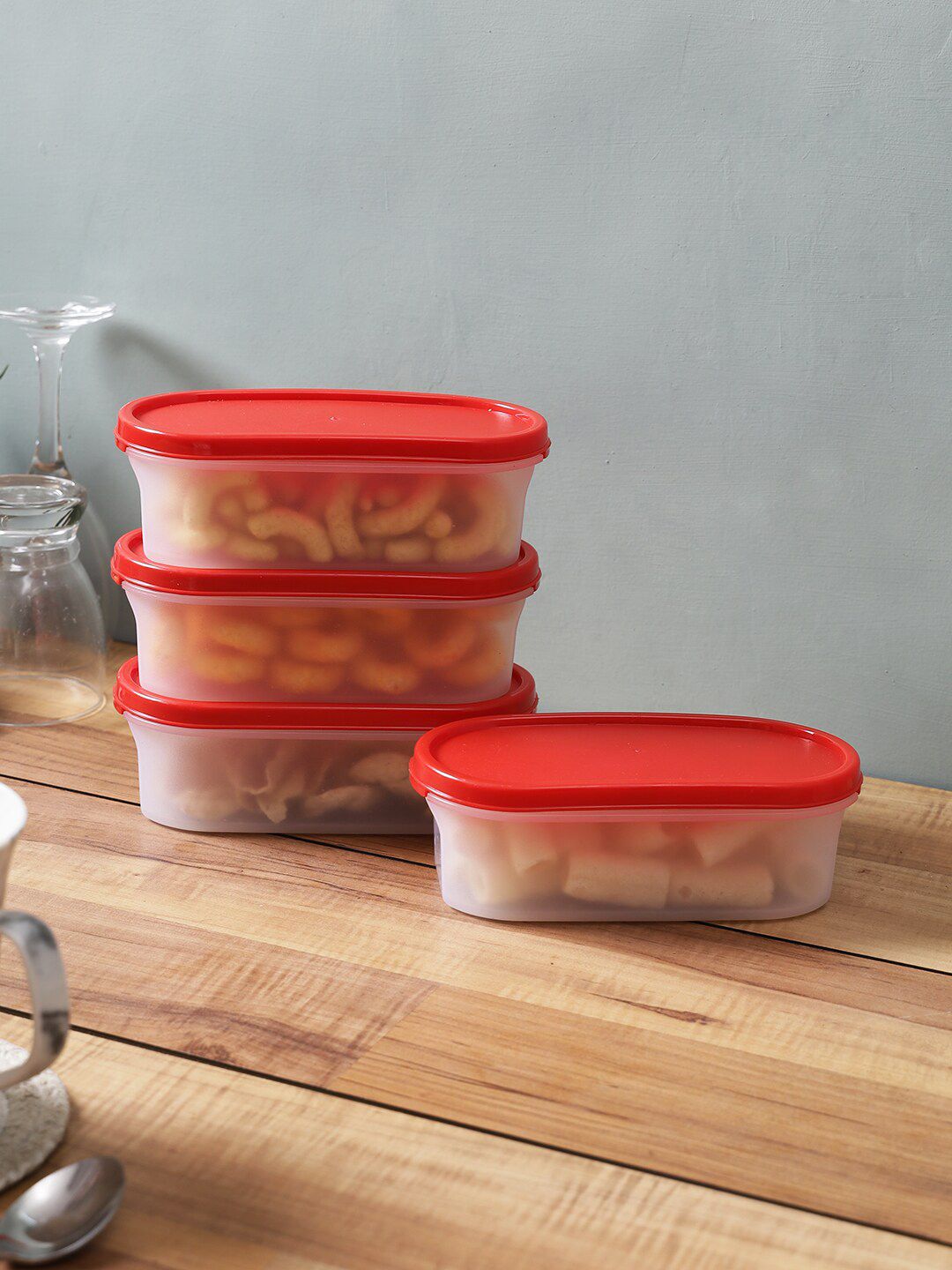 Abode Set Of 4 Transparent & Red Solid Kitchen Storage Airtight Containers Price in India