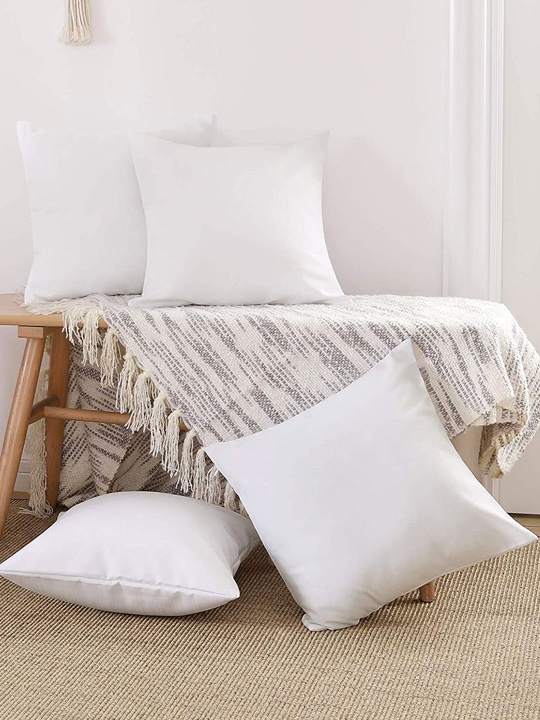 Divine Casa Set Of 4 White Striped Microfiber Square Shaped Cushions Price in India