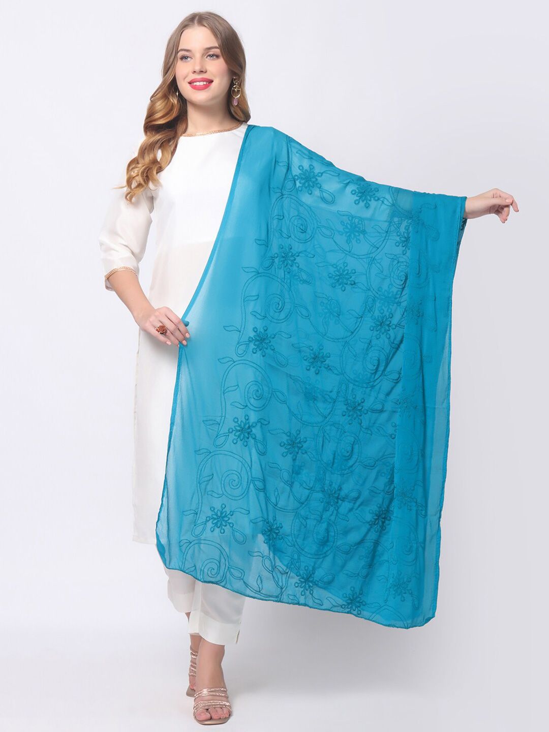 Dupatta Bazaar Turquoise Blue Embroidered Dupatta Price in India