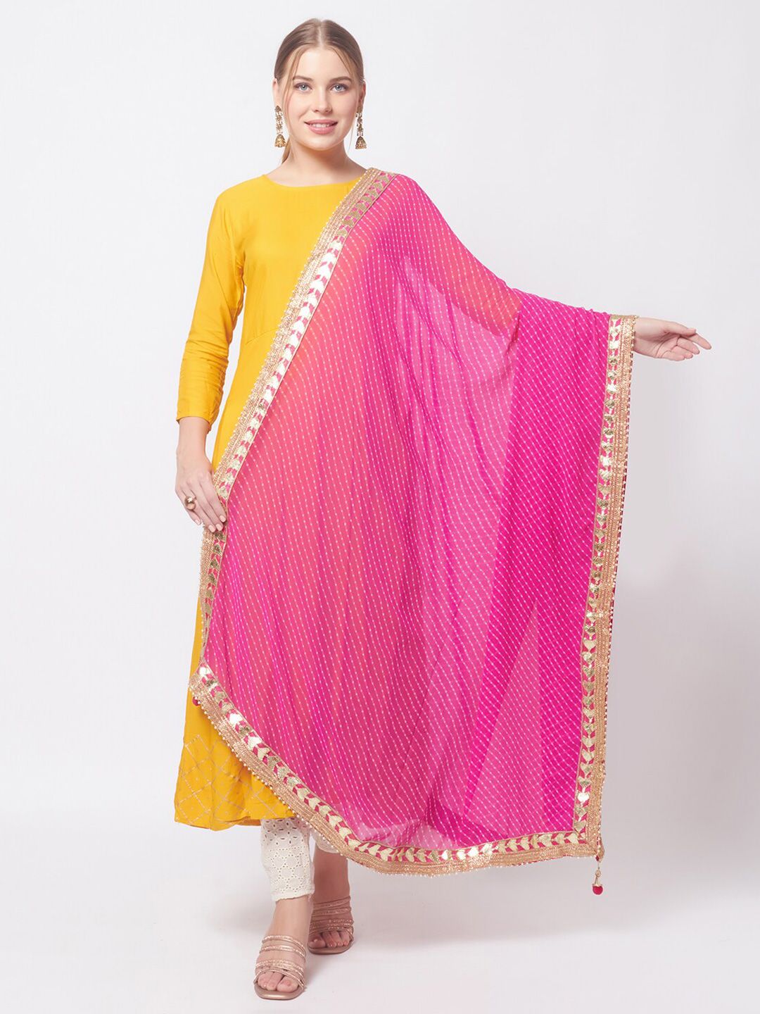 Dupatta Bazaar Fuchsia & Gold-Toned Printed Bandhani Dupatta with Gotta Patti Price in India