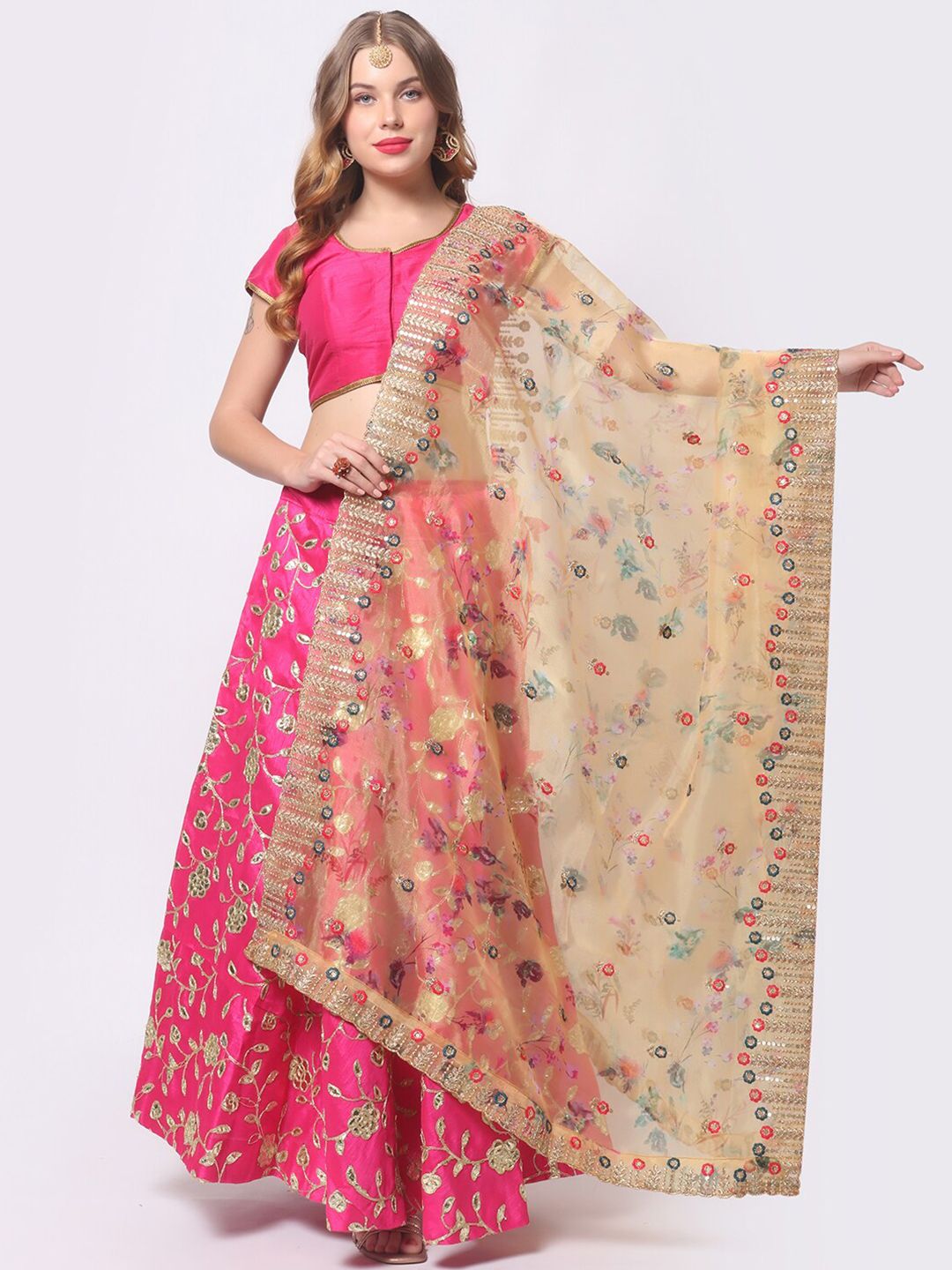 Dupatta Bazaar Beige & Pink Embroidered Organza Dupatta with Zardozi Price in India