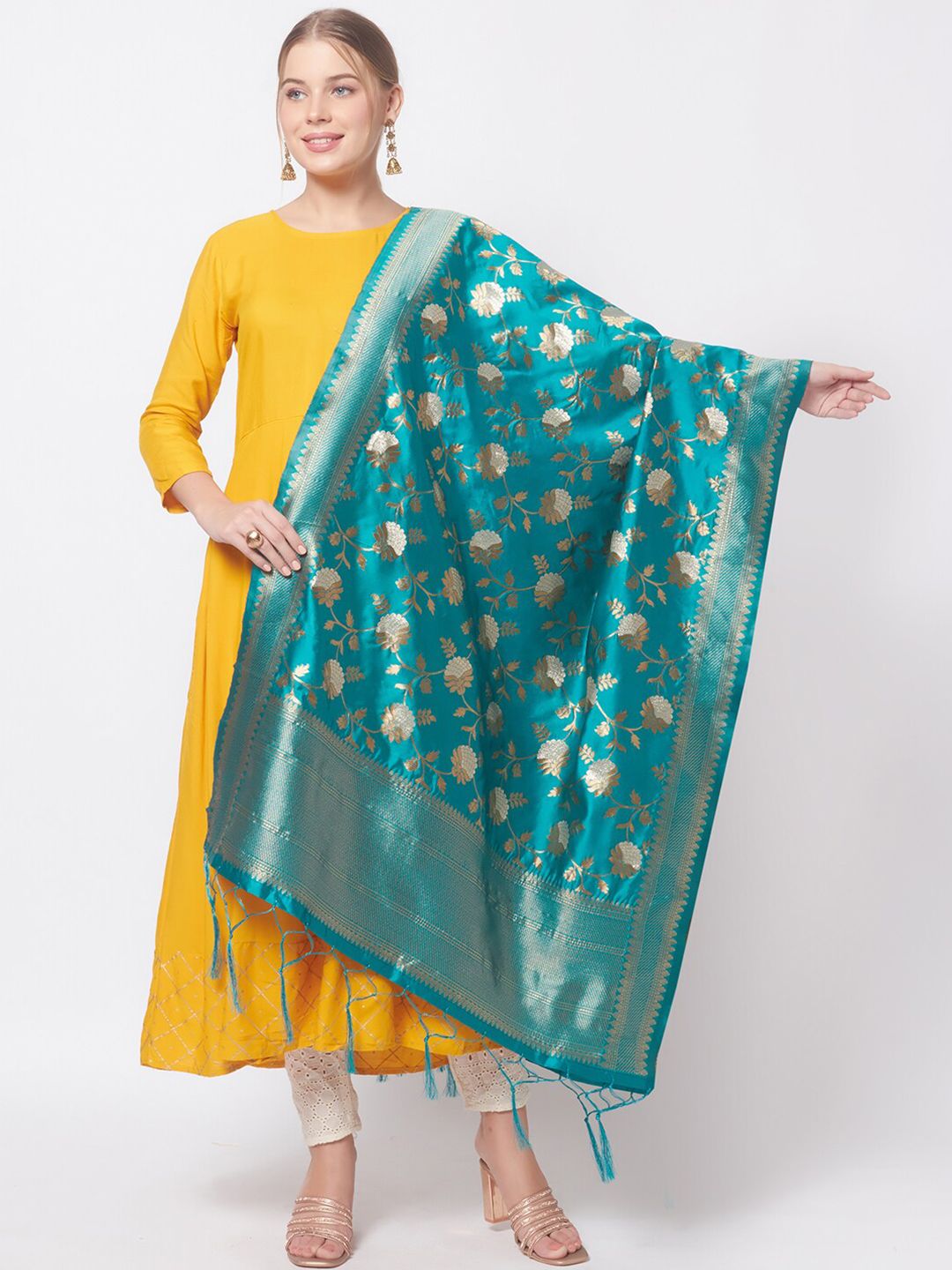 Dupatta Bazaar Teal & Gold-Toned Woven Design Dupatta Price in India