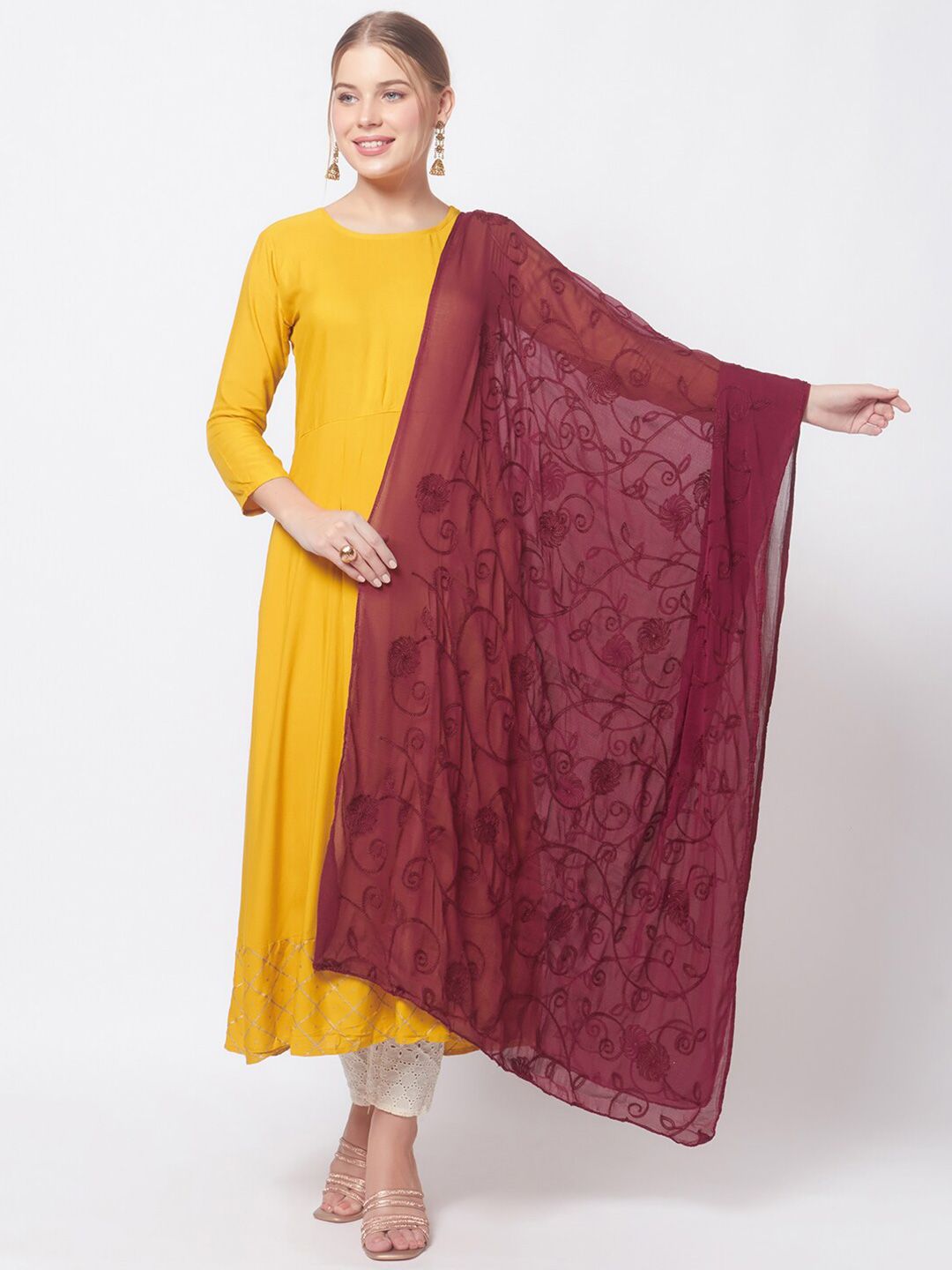 Dupatta Bazaar Burgundy Embroidered Dupatta Price in India