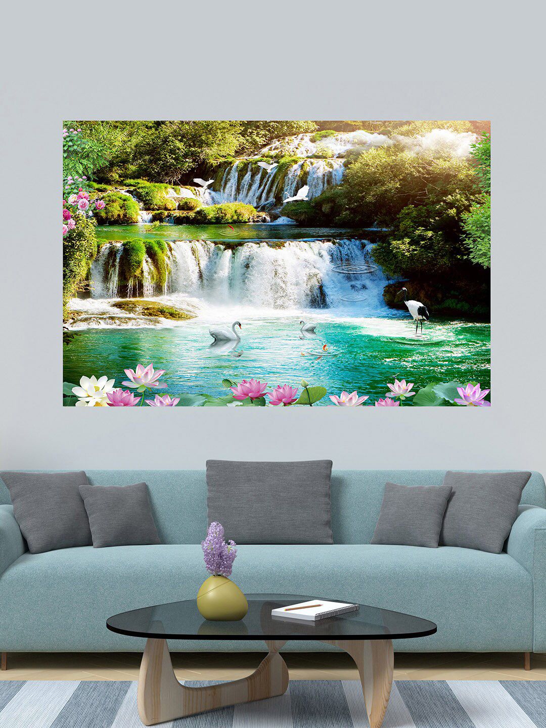 WENS Green & Blue Printed Waterfall Good Fortune Self Adhesive Wall Poster for Home Decor Price in India