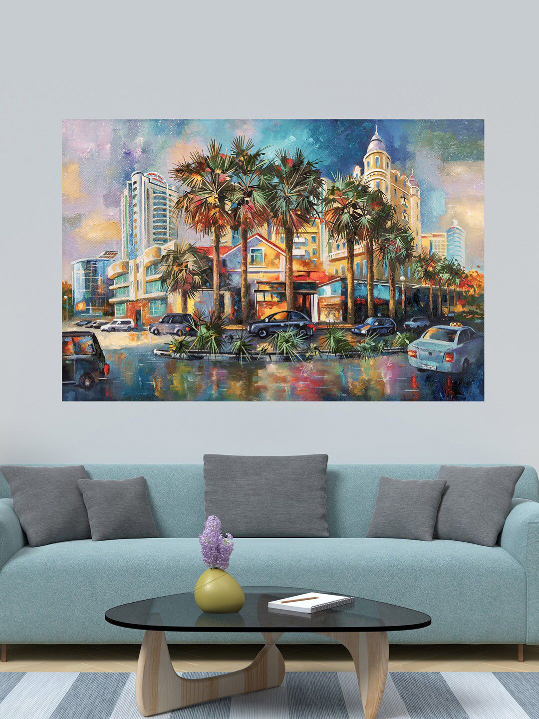 WENS Blue & Green Modern Art of Admiring City Self Adhesive Wall Poster Price in India