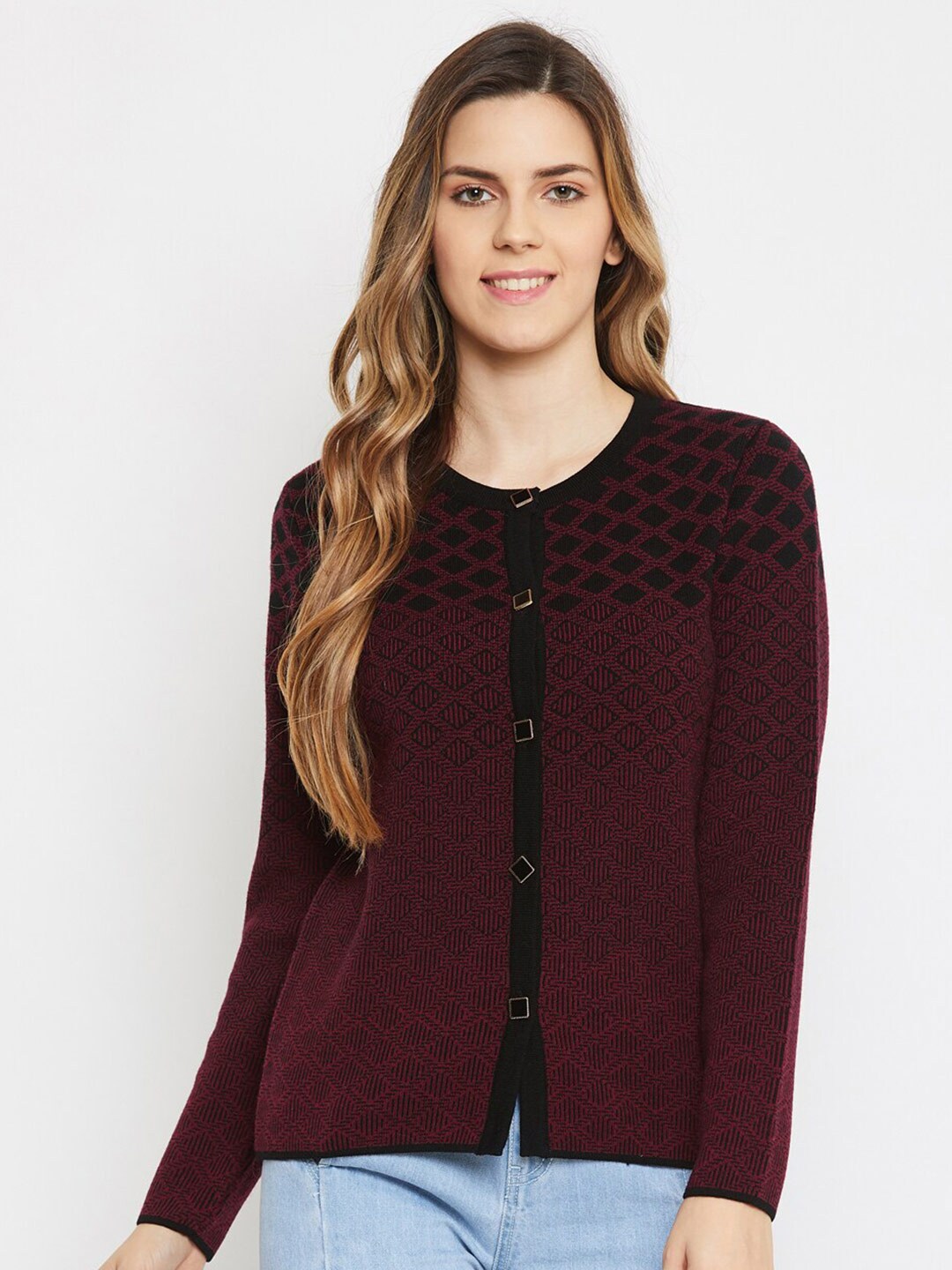 Madame Women Maroon & Black Self- Design Cardigan With Button Detail Price in India