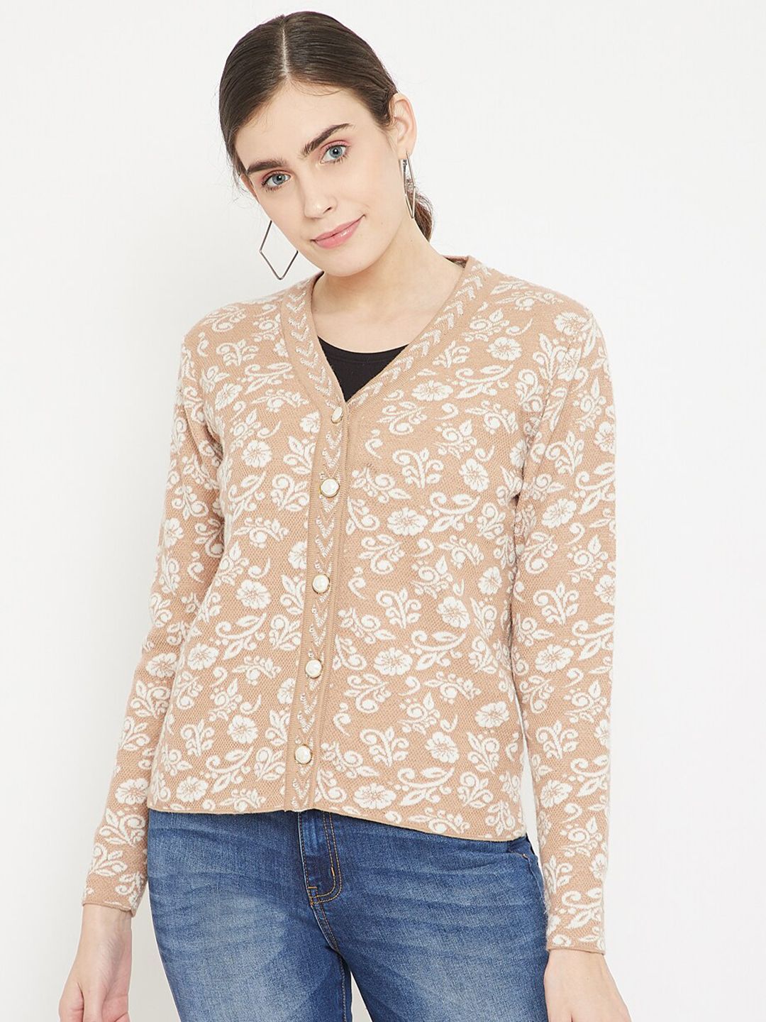 Madame Women Beige & White Floral Cardigan Price in India