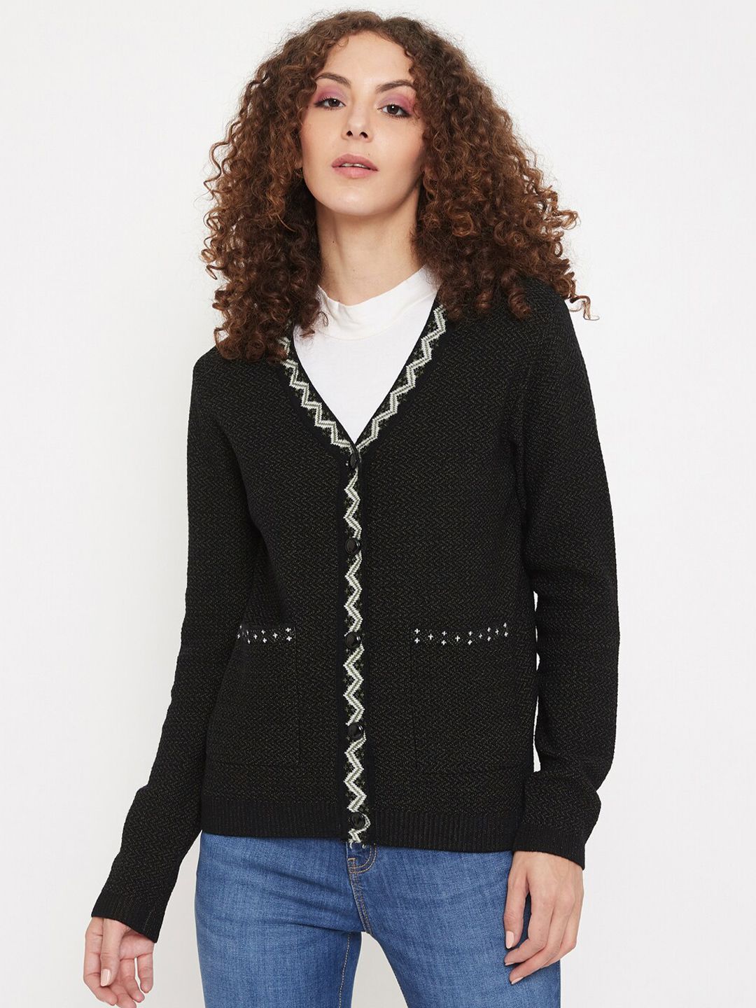 Madame Women Black Self Design Cardigan Price in India