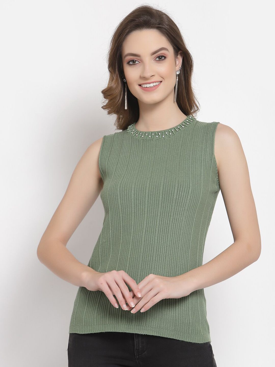 Mafadeny Women Green Ribbed Pullover with Embellished Detail Price in India