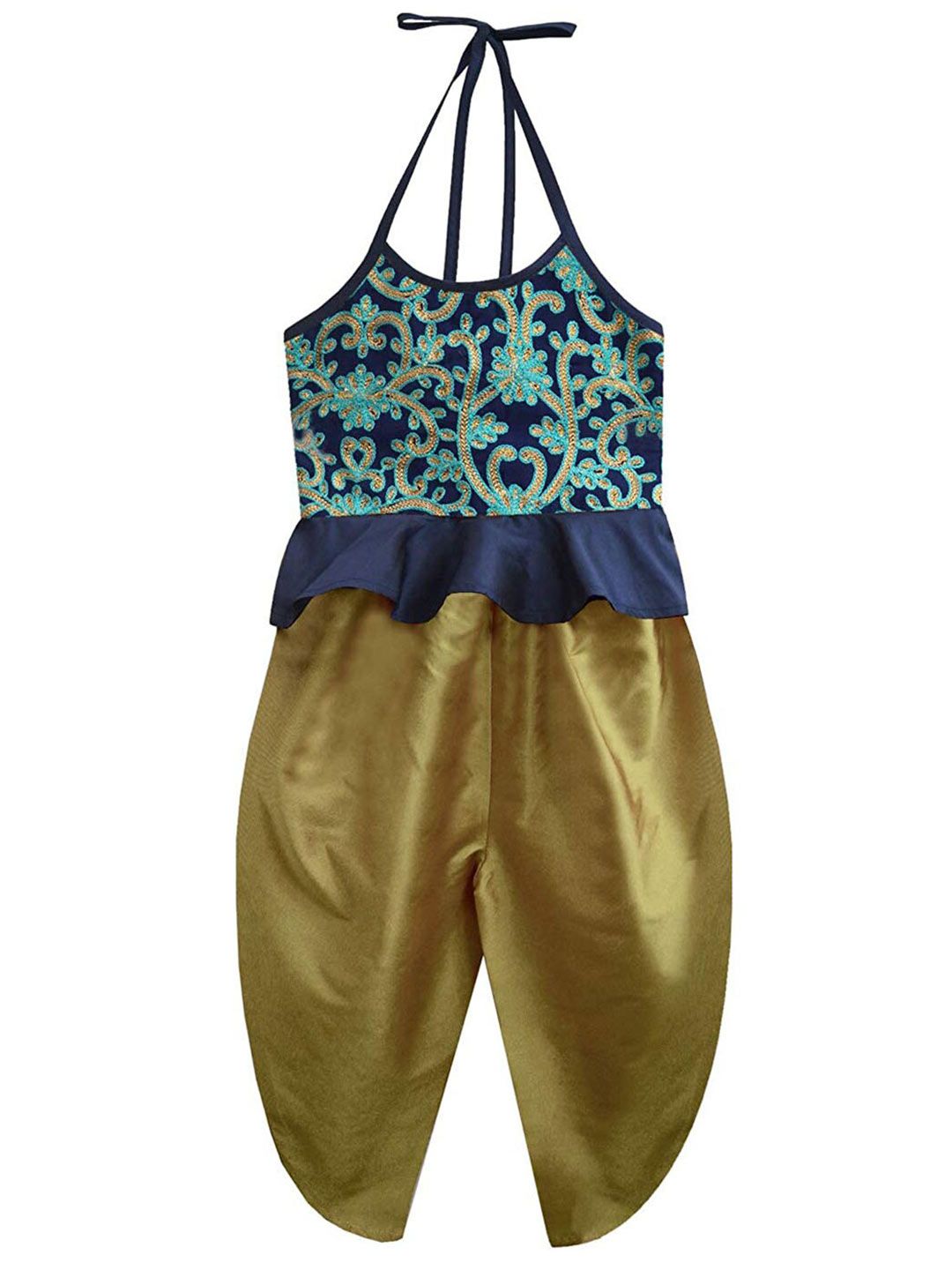A.T.U.N. Girls Gold & Navy Blue Printed Peplum Top With Dhoti Pants