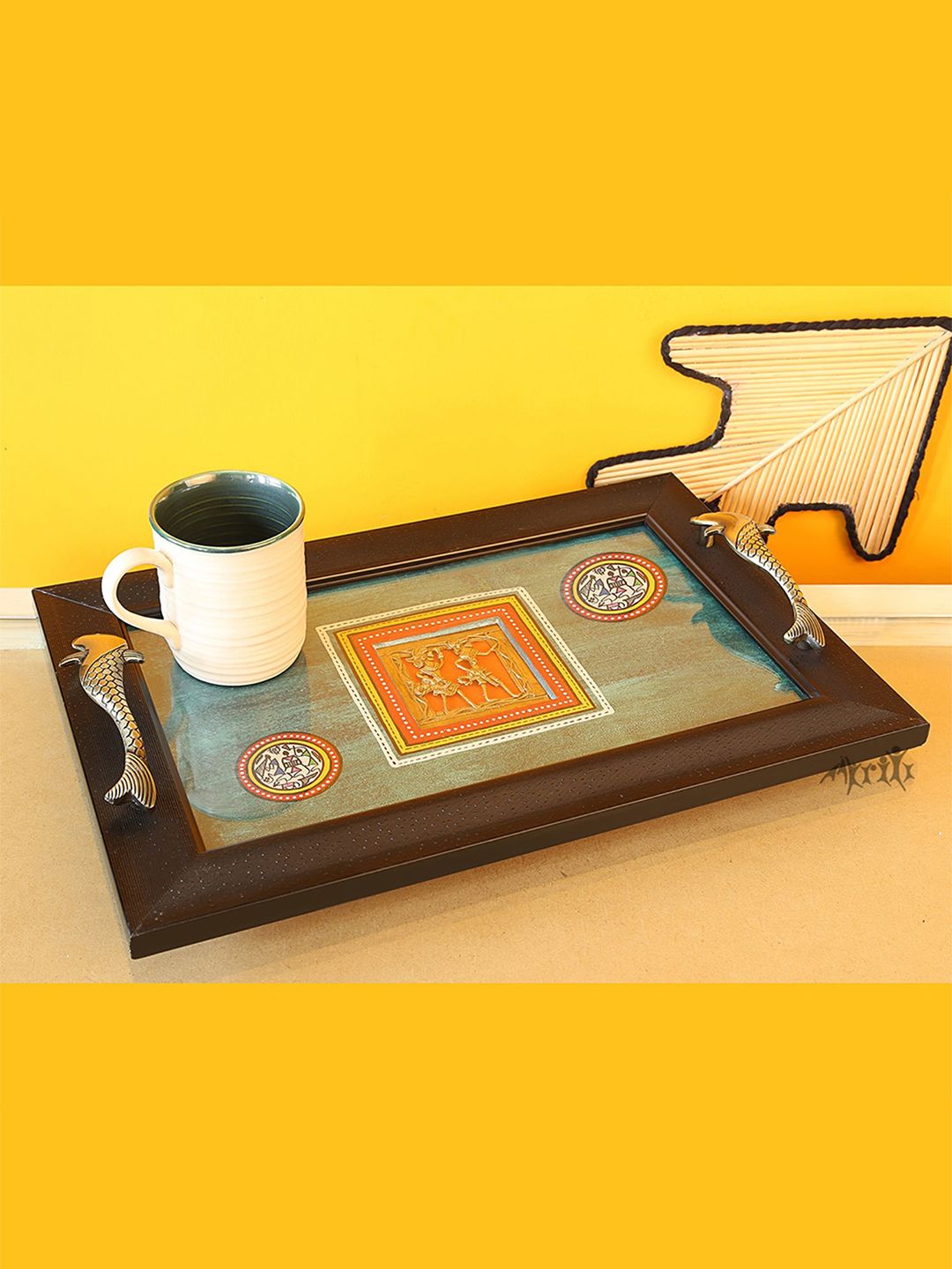 AAKRITI ART CREATIONS Brown & Blue Dhokra Motifs & Fish Handles Framed Tray Price in India