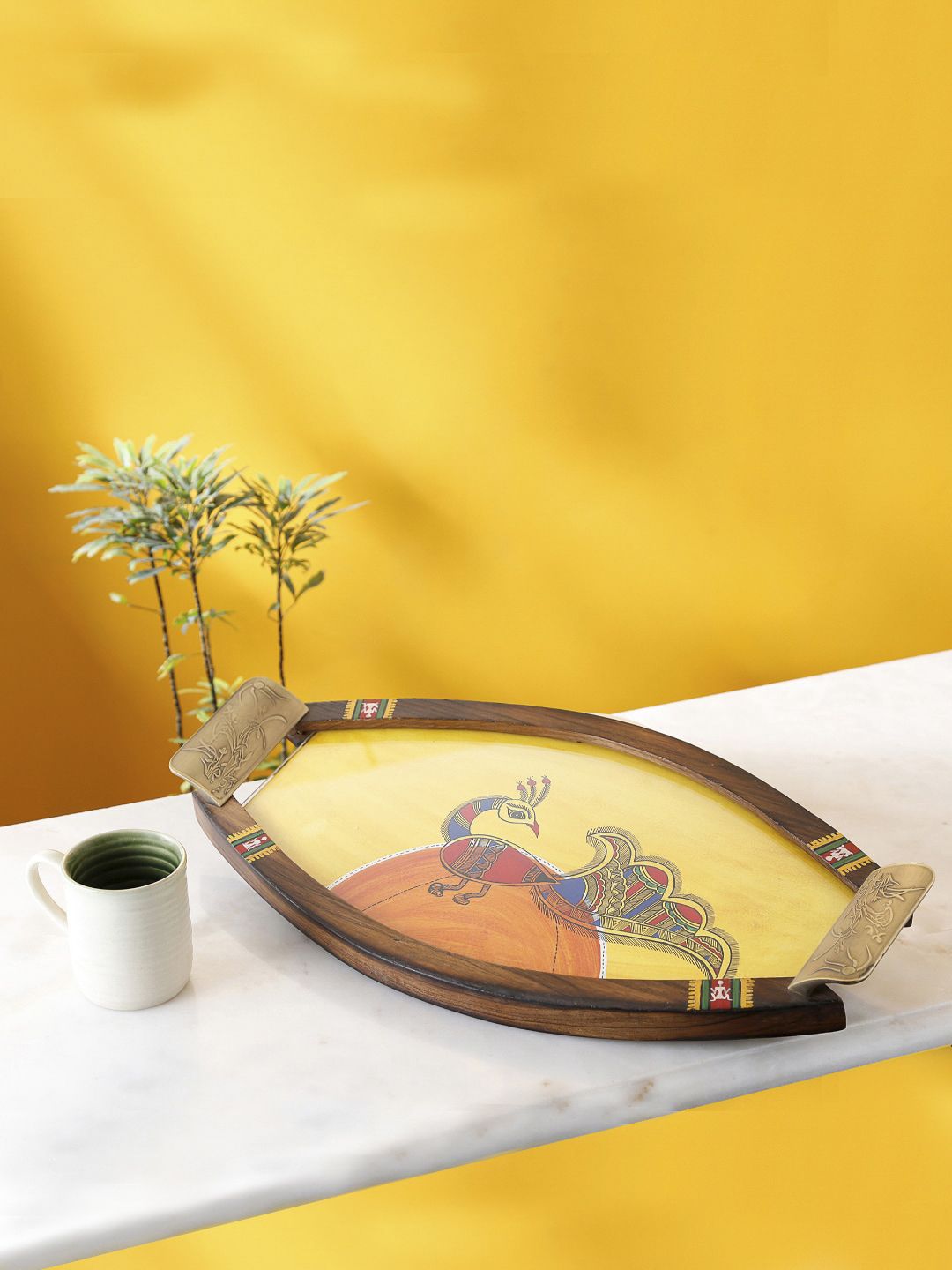 AAKRITI ART CREATIONS Yellow & Orange Oval Tray Framed with Metal Handles Price in India