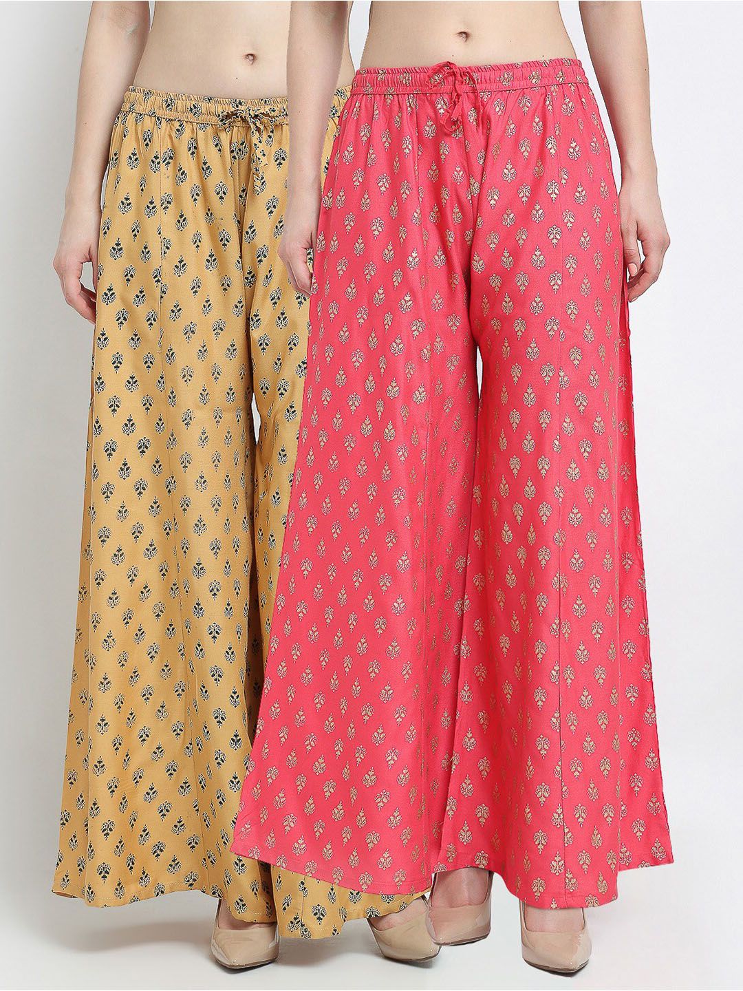 GRACIT Women Pack Of 2 Beige & Pink Floral Printed Flared Knitted Ethnic Palazzos Price in India