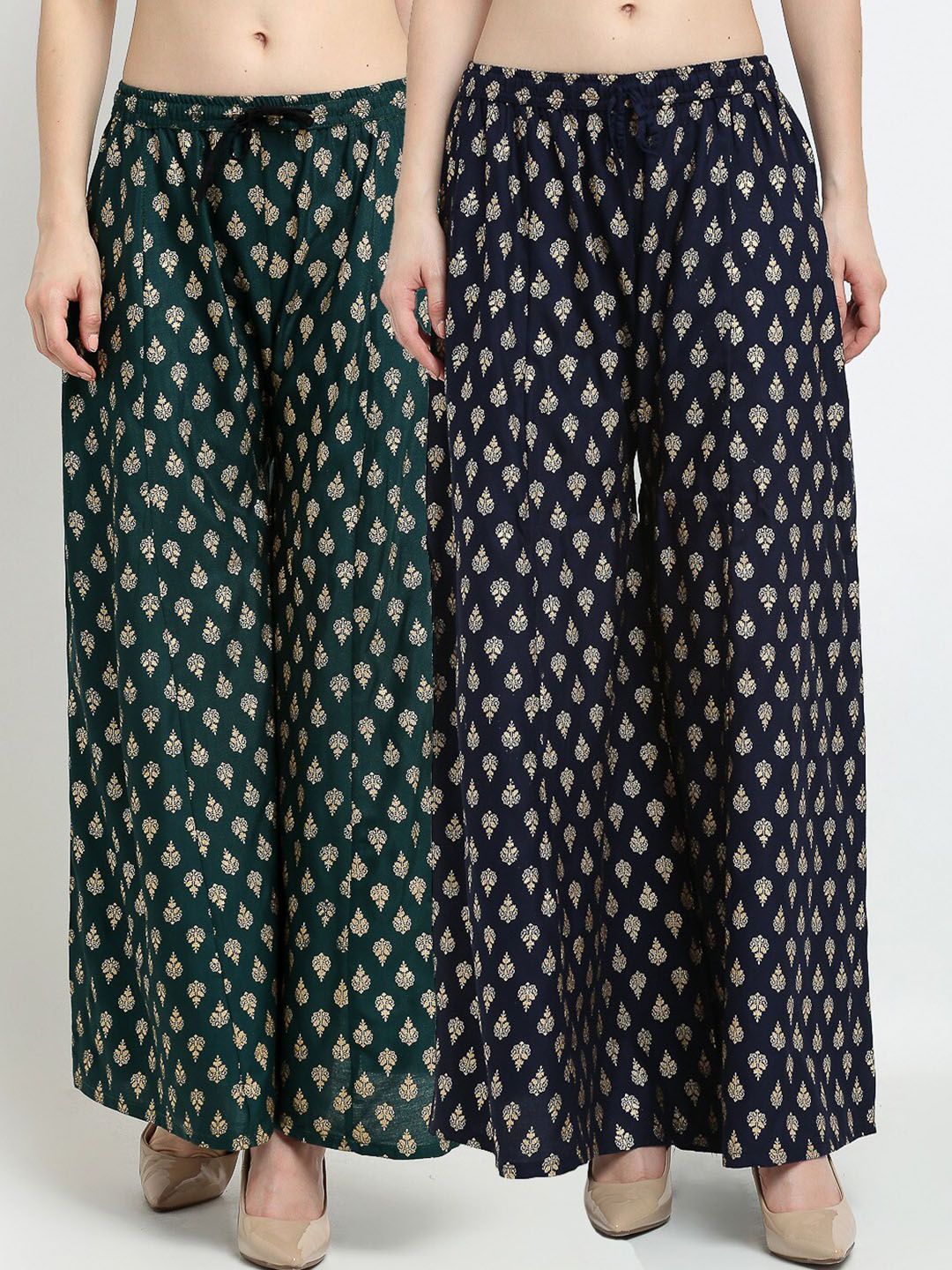 GRACIT Women Pack of 2 Green & Navy Blue Printed Flared Palazzos Price in India