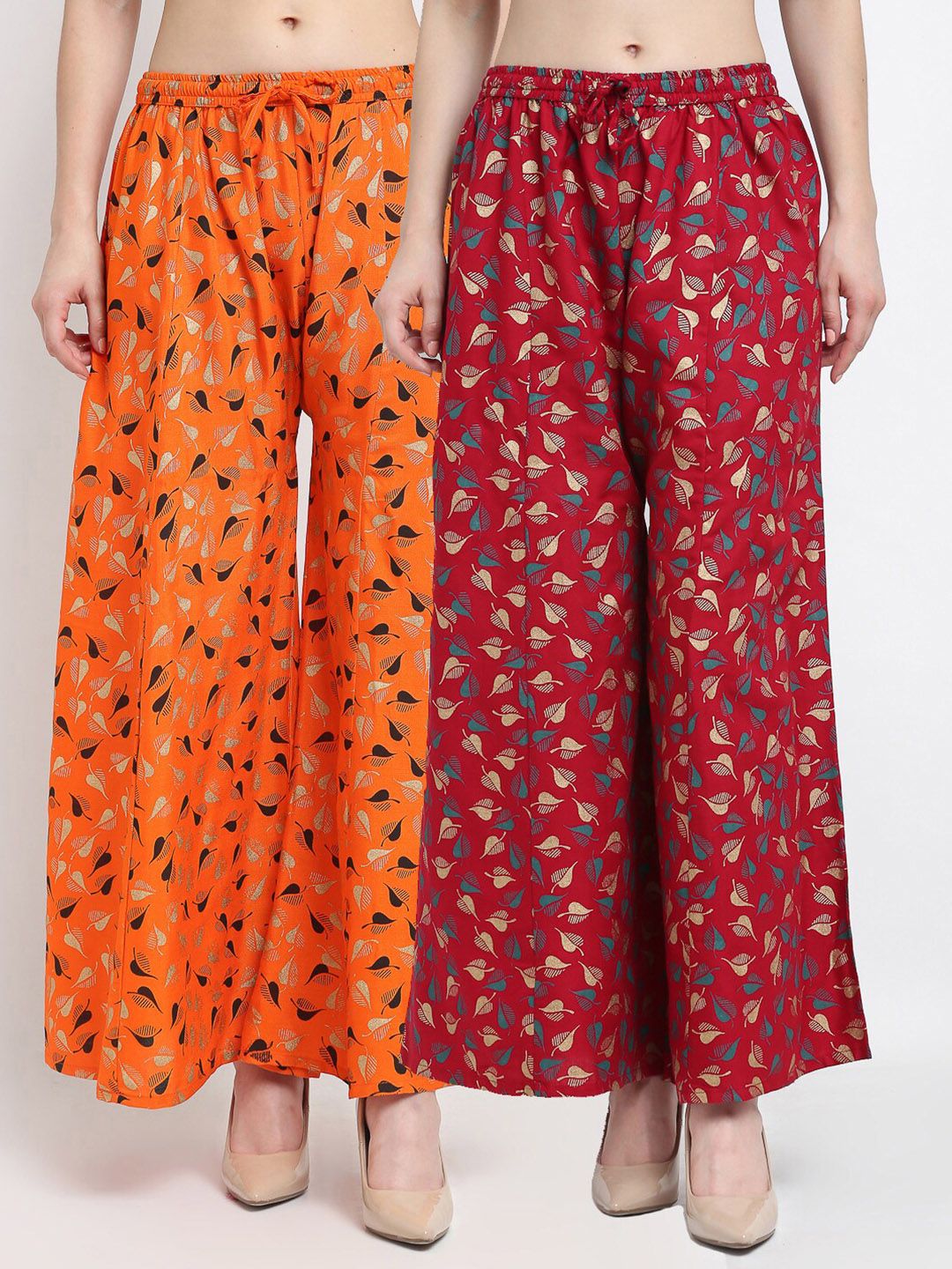 GRACIT Women Orange & Red Pack of 2 Printed Flared Knitted Ethnic Palazzos Price in India