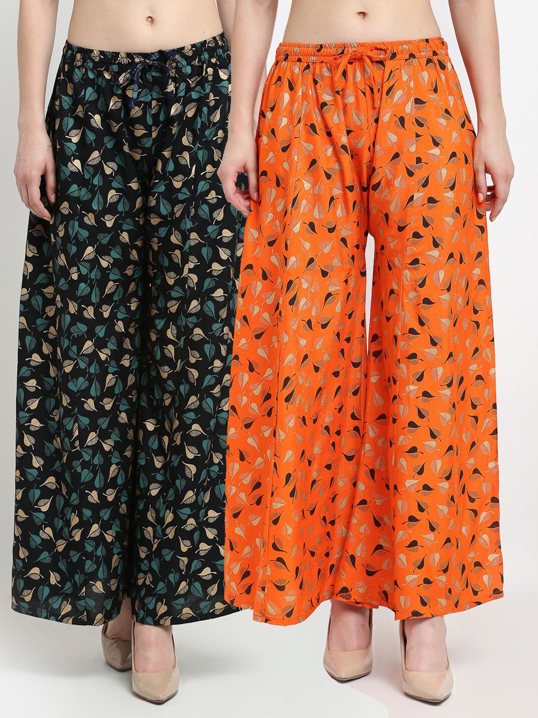 GRACIT Women Pack of 2 Black & Orange Printed Flared Palazzos Price in India