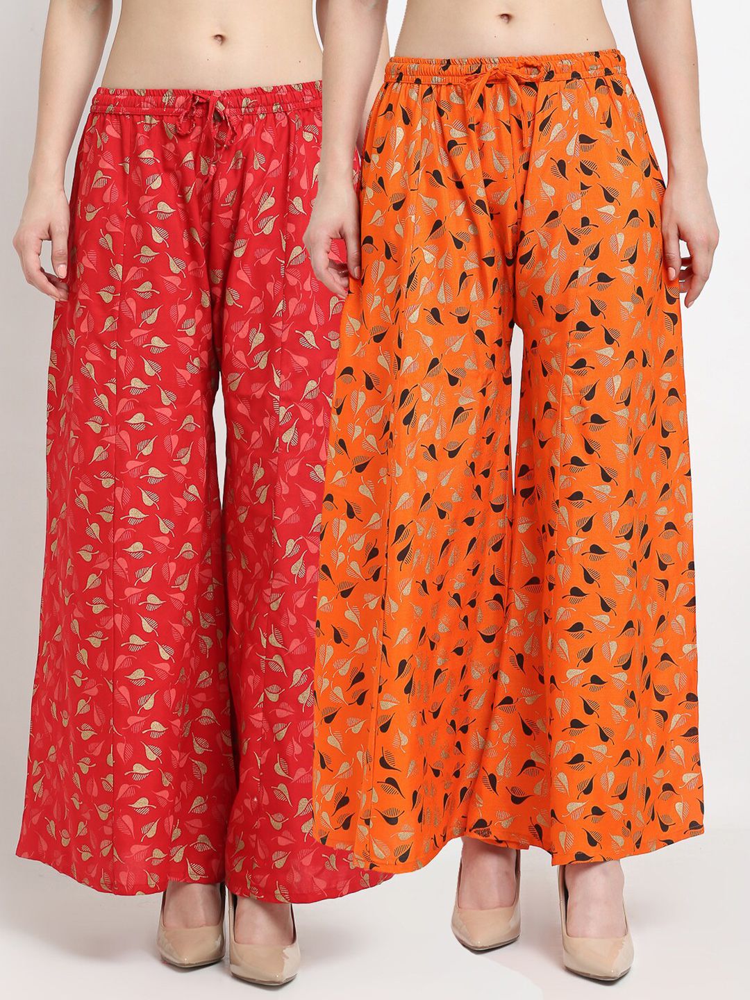 GRACIT Women Pack Of 2 Red & Orange Floral Printed Flared Knitted Ethnic Palazzos Price in India