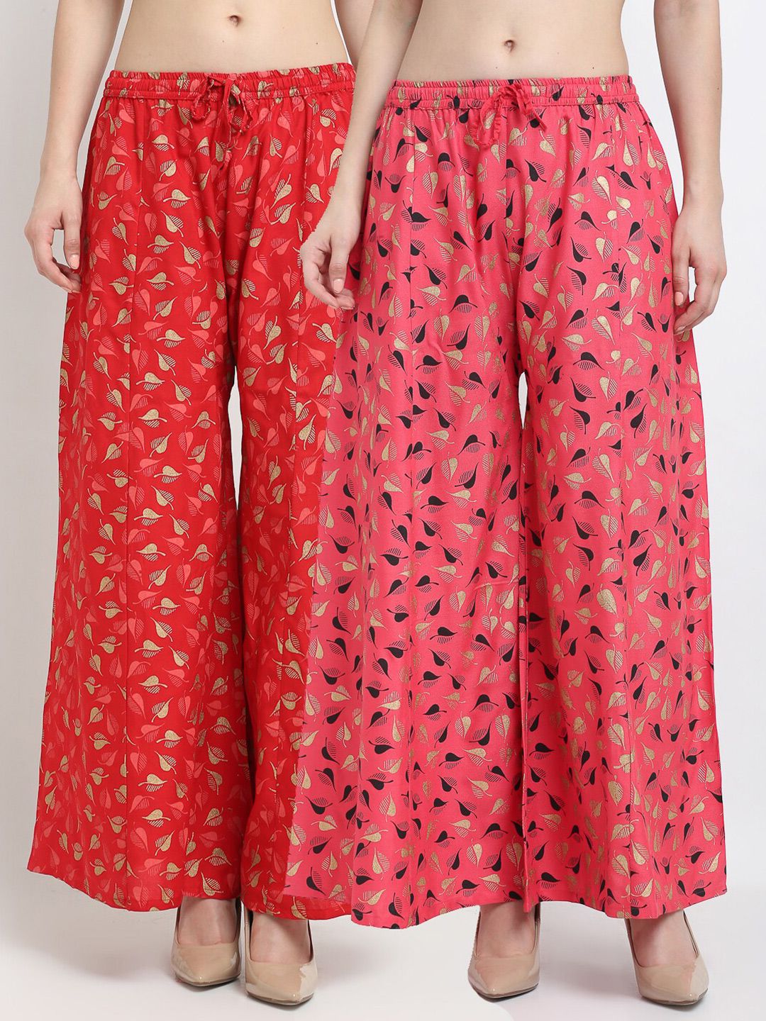 GRACIT Women Pack Of 2 Red & Pink Leaves Printed Flared Palazzos Price in India