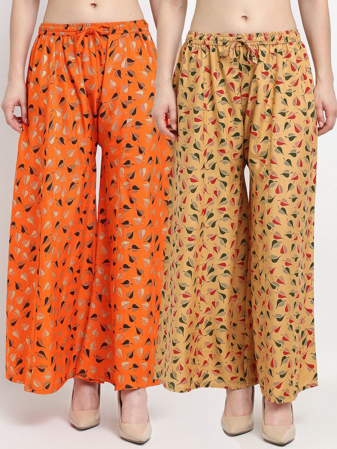 GRACIT Women Orange & Beige Pack of 2 Printed Flared Knitted Ethnic Palazzos Price in India