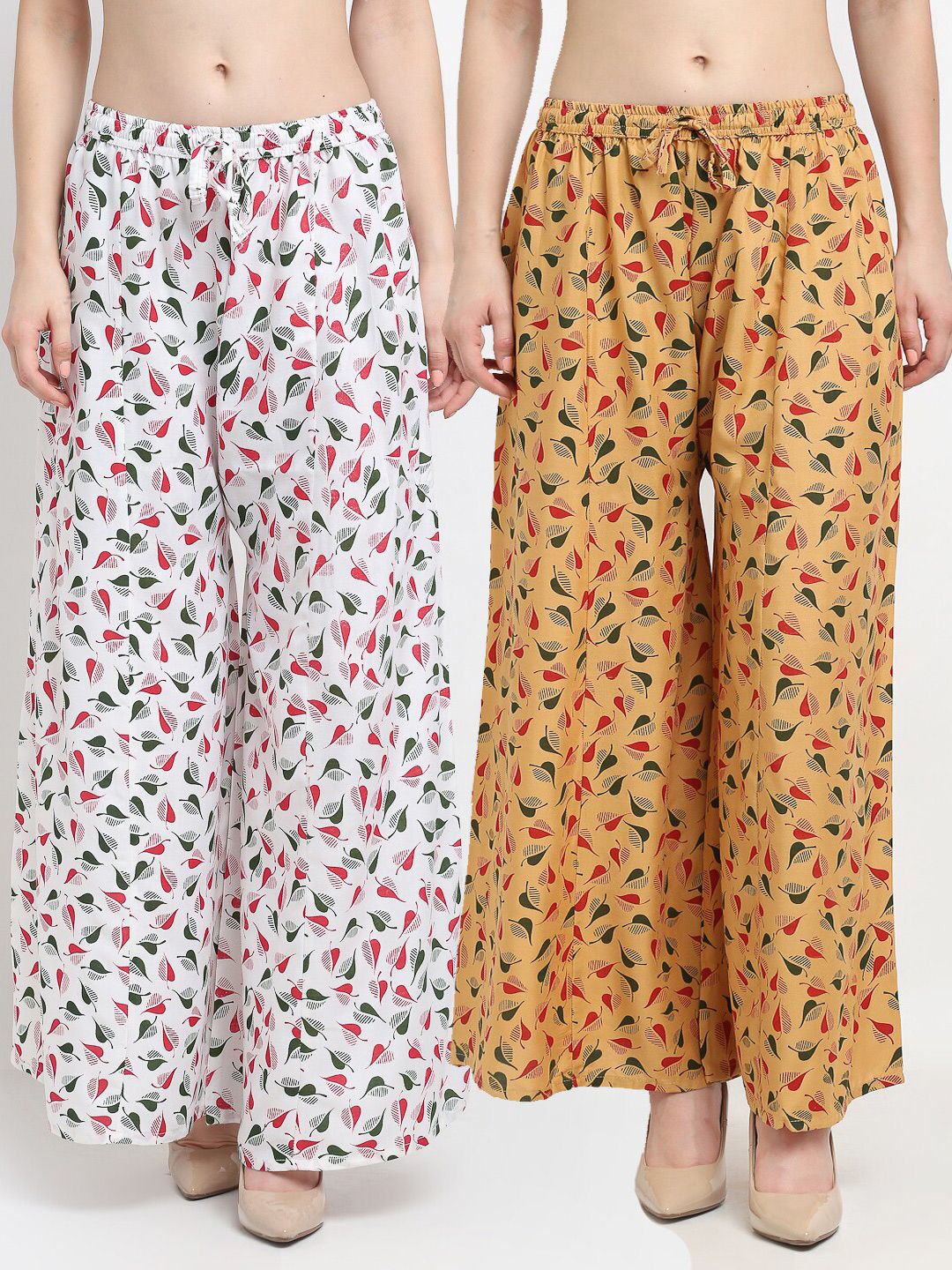 GRACIT Women Pack of 2 White & Mustard Yellow Printed Flared Palazzos Price in India