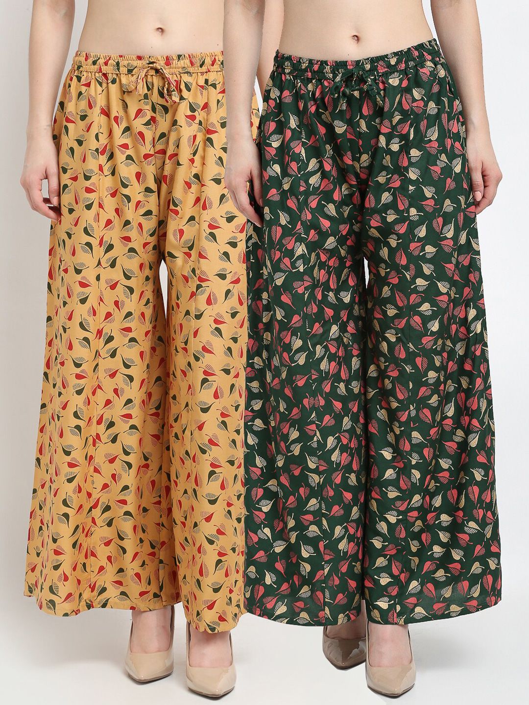 GRACIT Women Beige & Green Printed Palazzos Pack of 2 Price in India