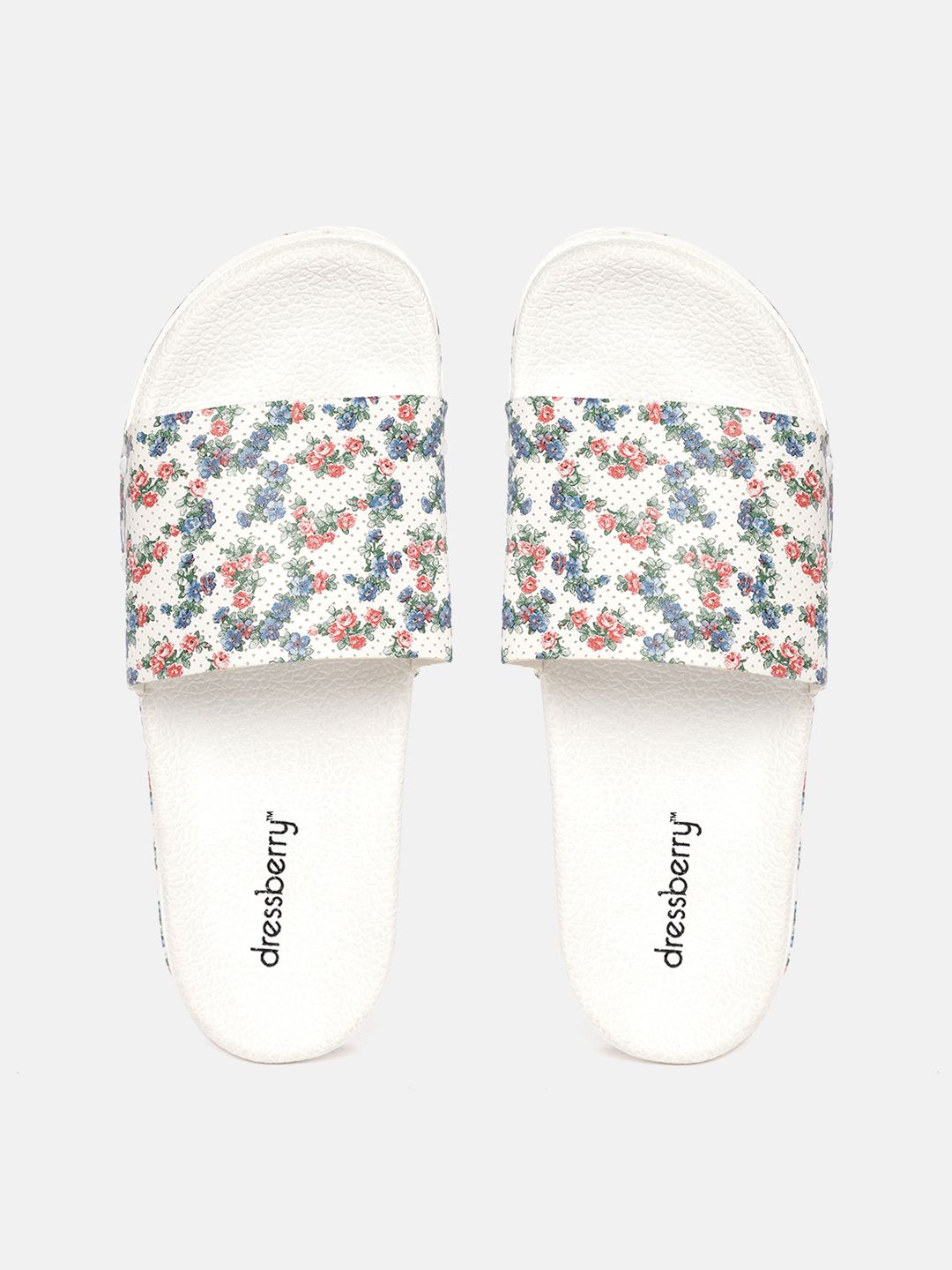 DressBerry Women White & Blue Floral Print Perforated Sliders Price in India