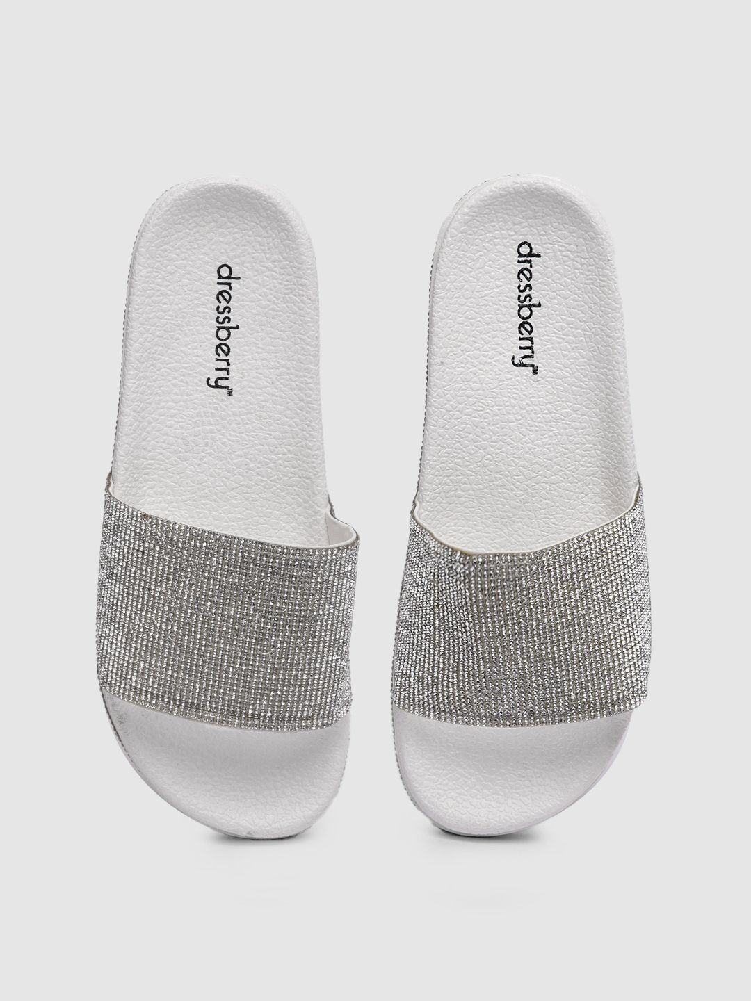 DressBerry Women Silver-Toned Embellished Sliders Price in India