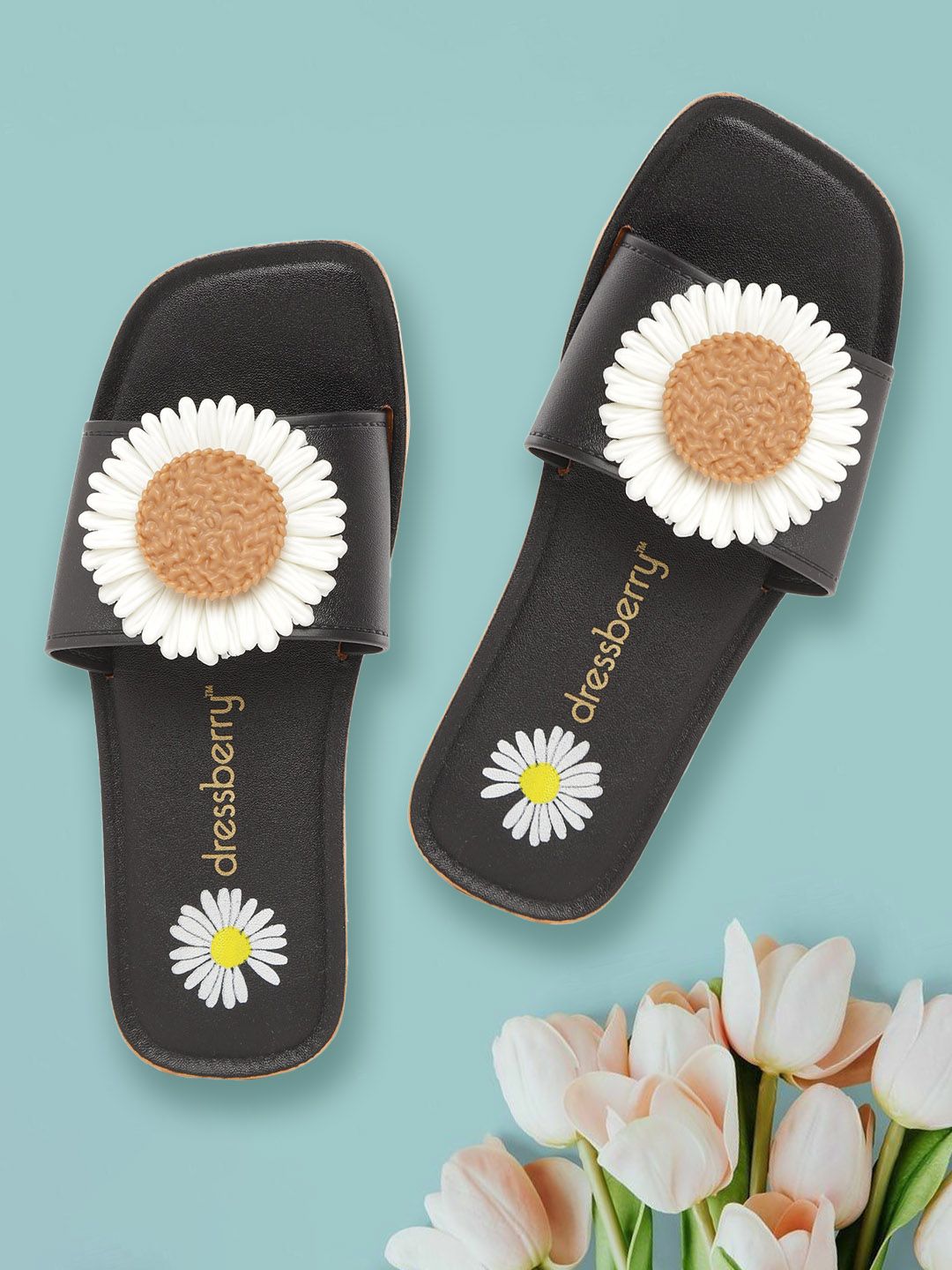 DressBerry Women Black & White Floral Applique Sliders Price in India