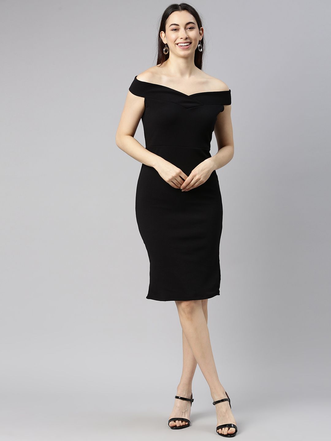 Selvia Black Solid Off-Shoulder Bodycon Dress Price in India