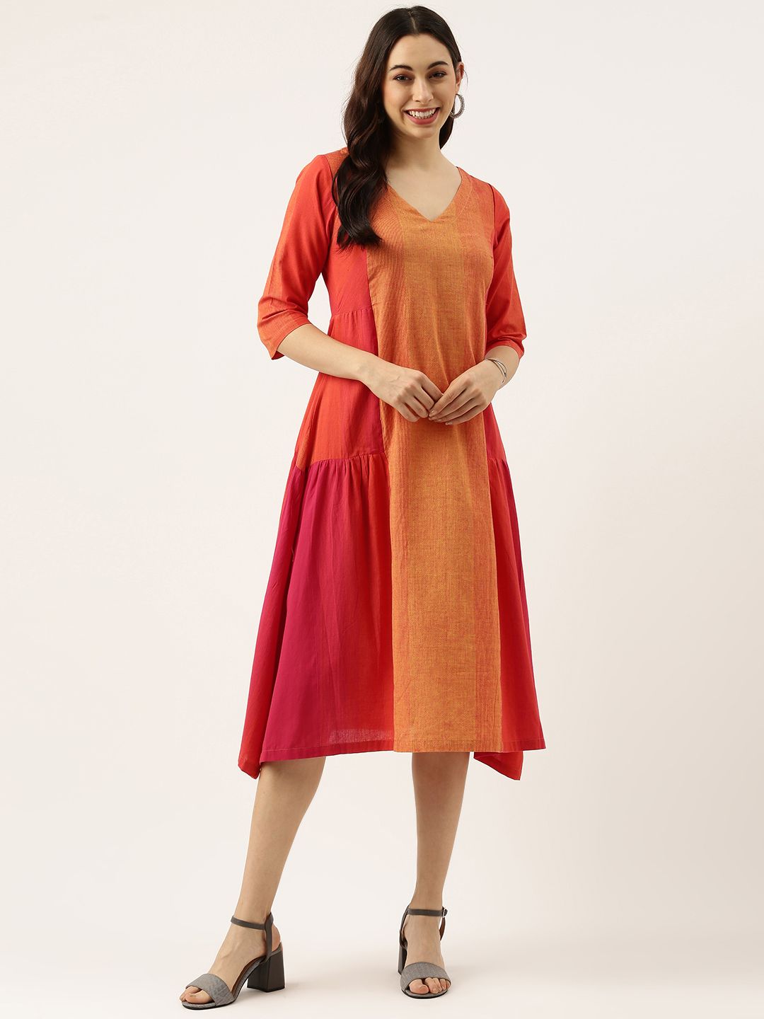 Lokatita Magenta & Yellow Colourblocked A-Line Midi Dress Price in India